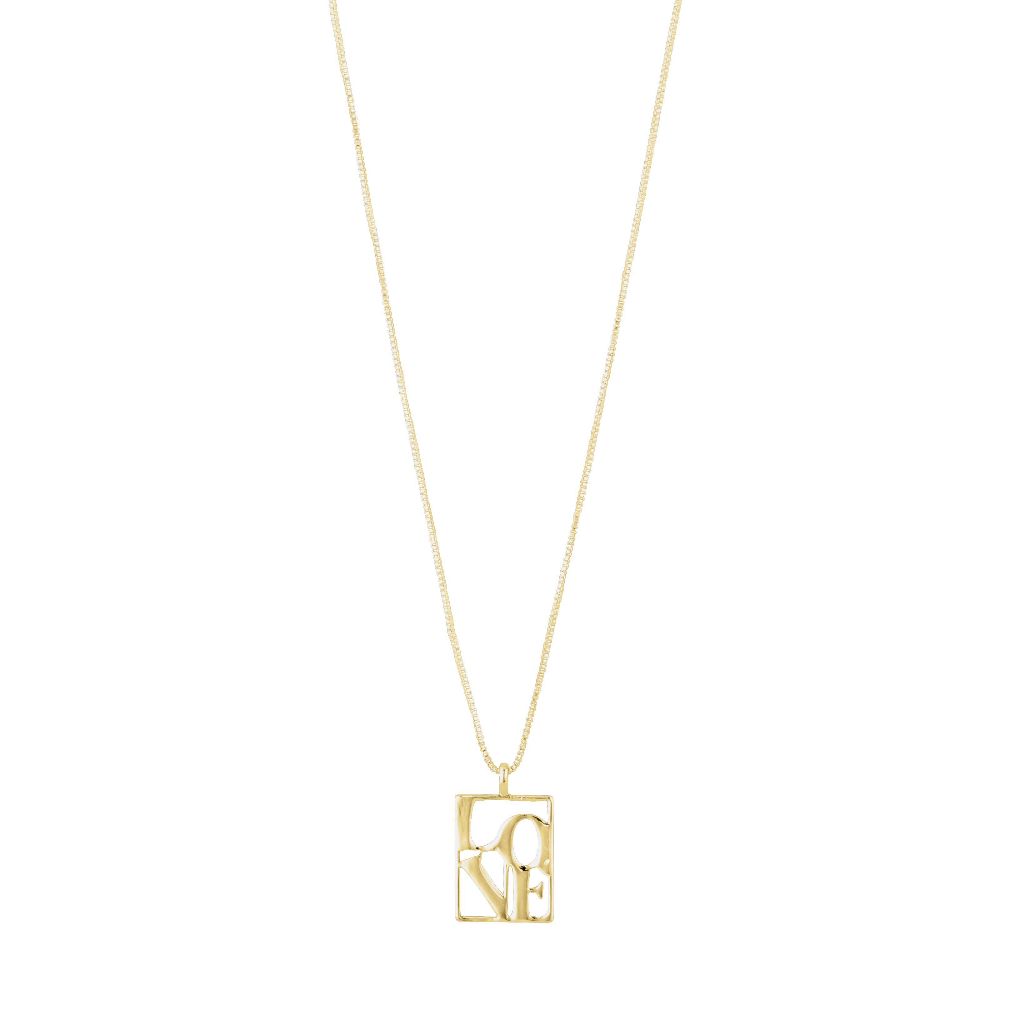 Gold-plated LOVE TAG necklace by Pilgrim, featuring a square pendant engraved with LOVE on an adjustable chain, perfect for a layered fashion look.