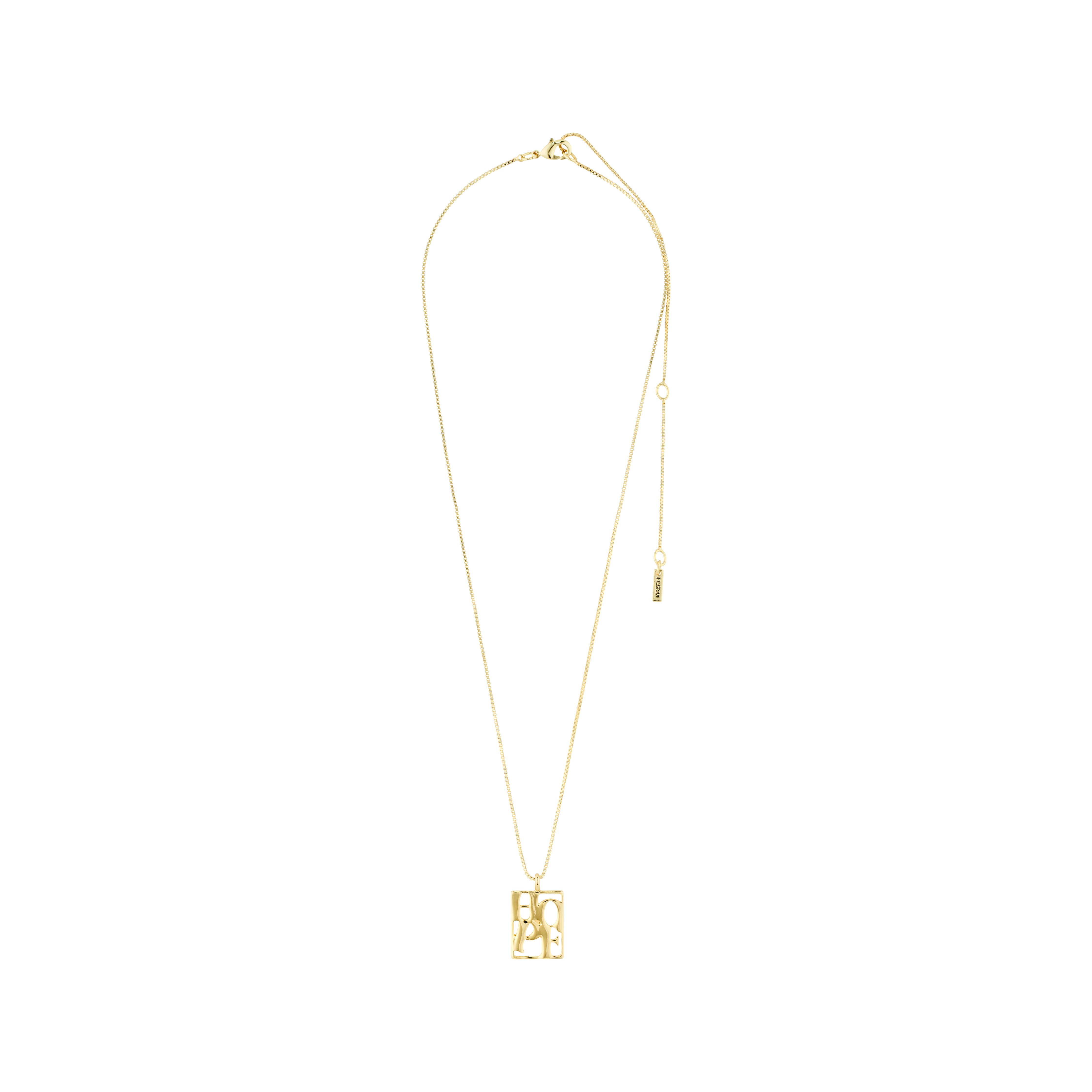 LOVE TAG, HOPE necklace gold-plated from Pilgrim, featuring a square pendant inscribed with HOPE, on a 40 cm chain with 12 cm extension.