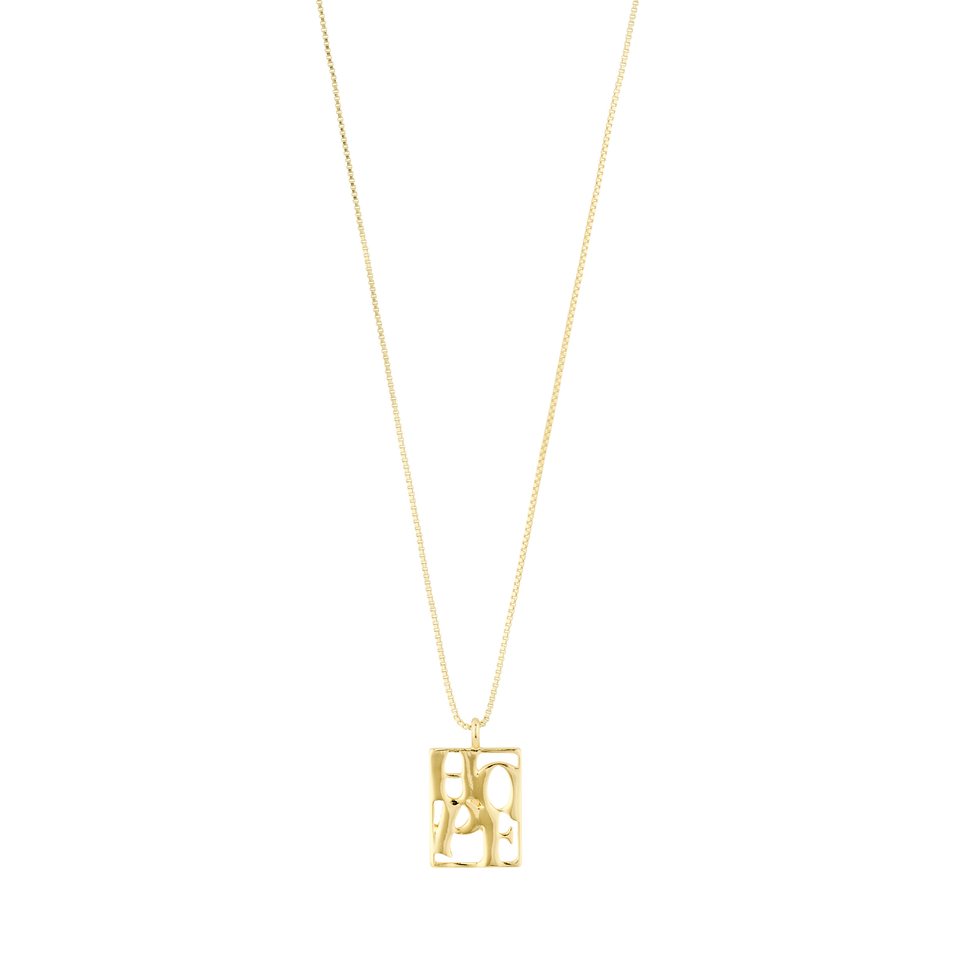 LOVE TAG HOPE necklace, gold-plated, featuring a square pendant inscribed with 'HOPE' on a shiny chain, adjustable length, crafted from 99% recycled materials.