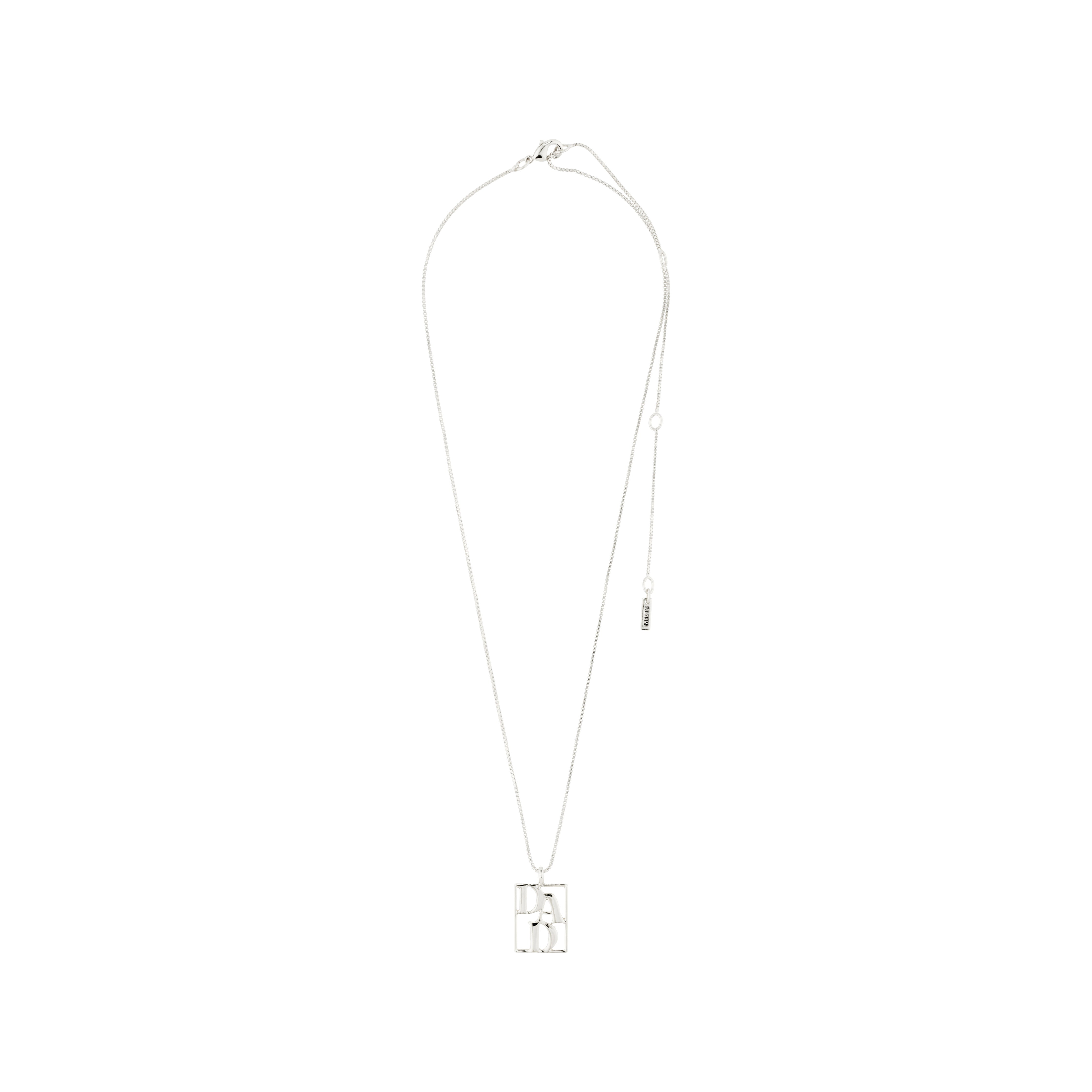 Silver-plated LOVE TAG, DAD necklace by Pilgrim features a shiny square pendant inscribed with DAD, offering an adjustable chain for a personalized fit.