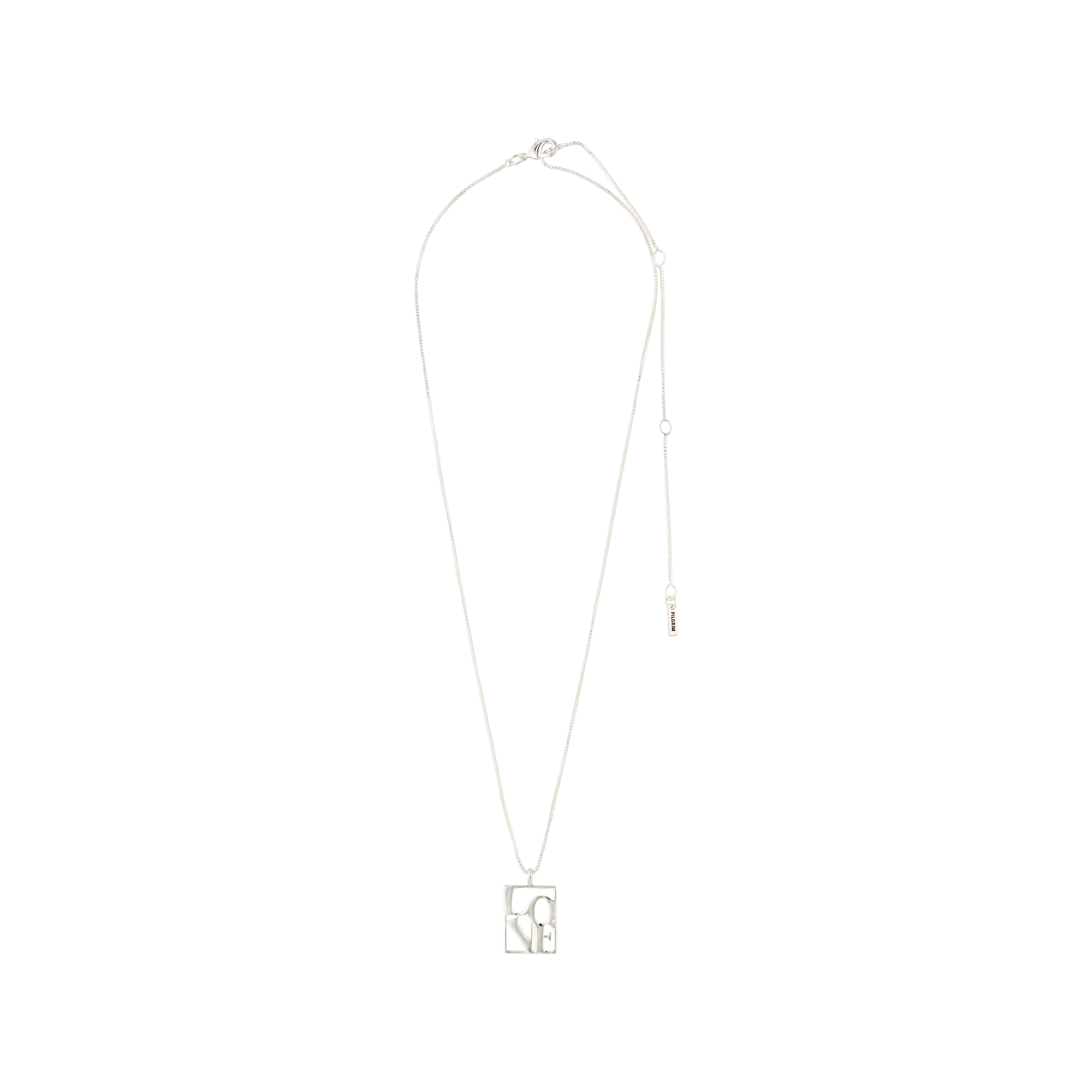 LOVE TAG necklace with silver-plated square pendant engraved LOVE, from Pilgrim. Features a 40 cm chain with a 12 cm adjustable extension.