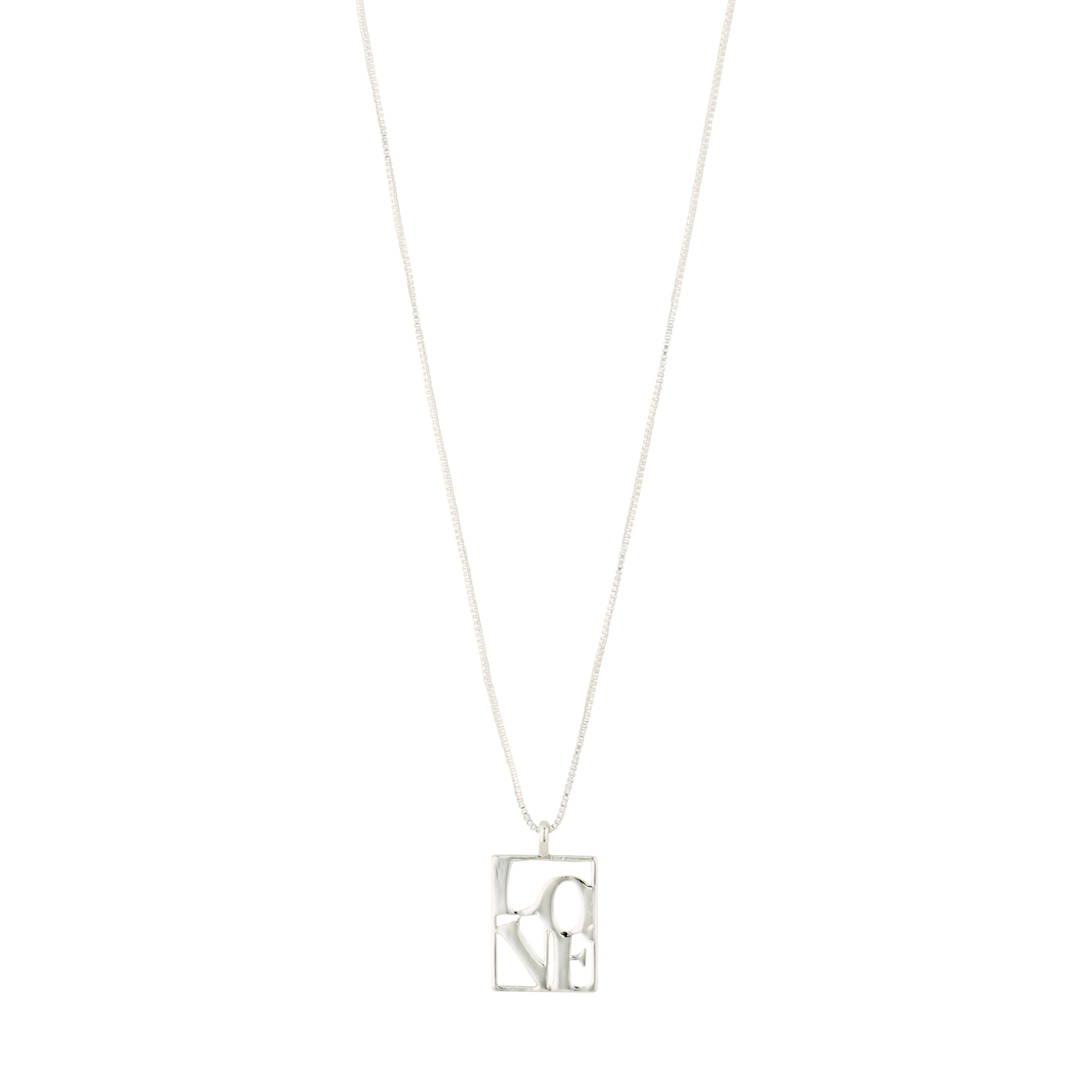 Silver-plated LOVE TAG necklace with square pendant engraved 'LOVE', featuring adjustable chain. Perfect for layering, made from 99% recycled materials by Pilgrim.
