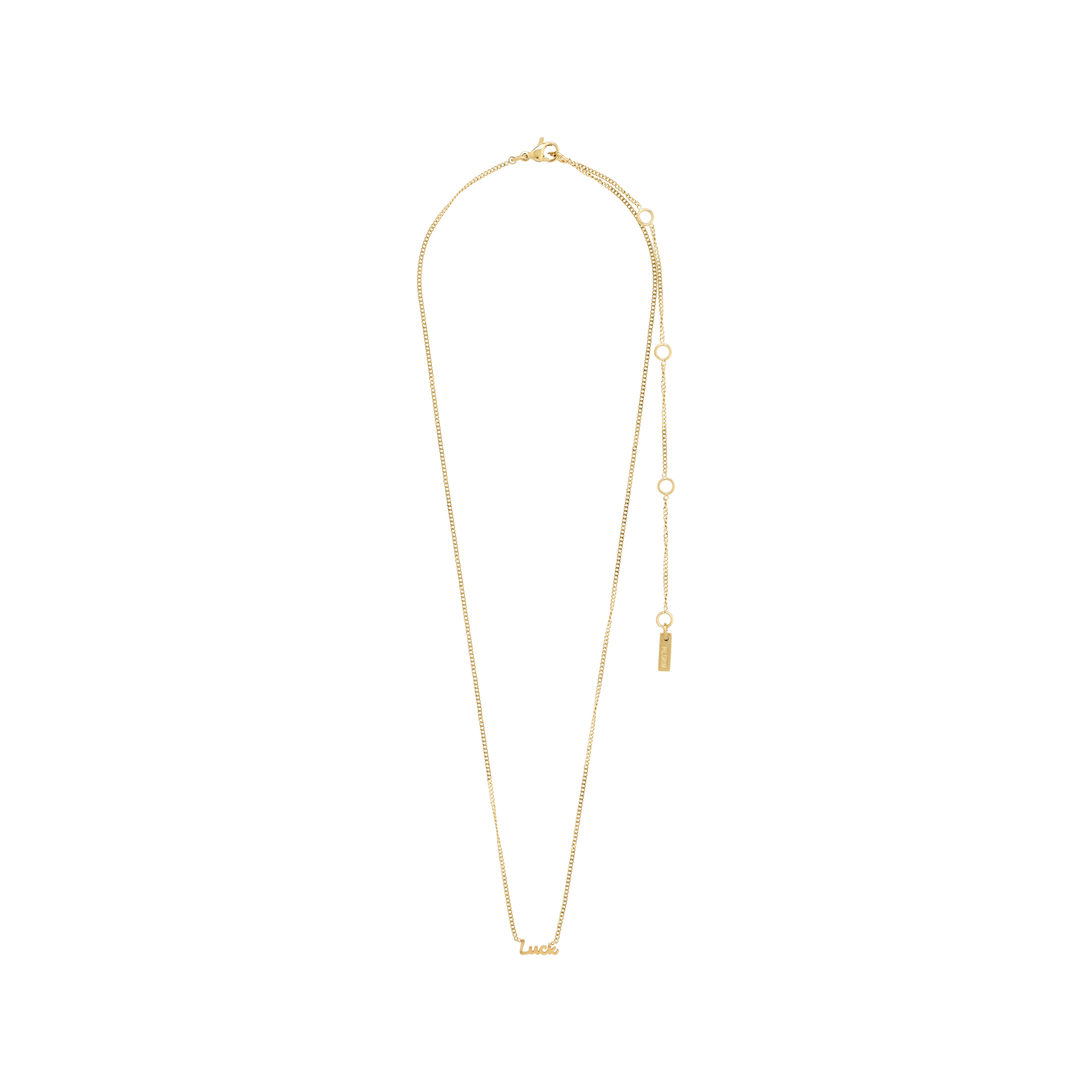 Gold-plated 'LUCK' necklace featuring a sleek chain with a cursive script pendant, measuring 38 cm plus 9 cm extension. Genderless and versatile accessory.