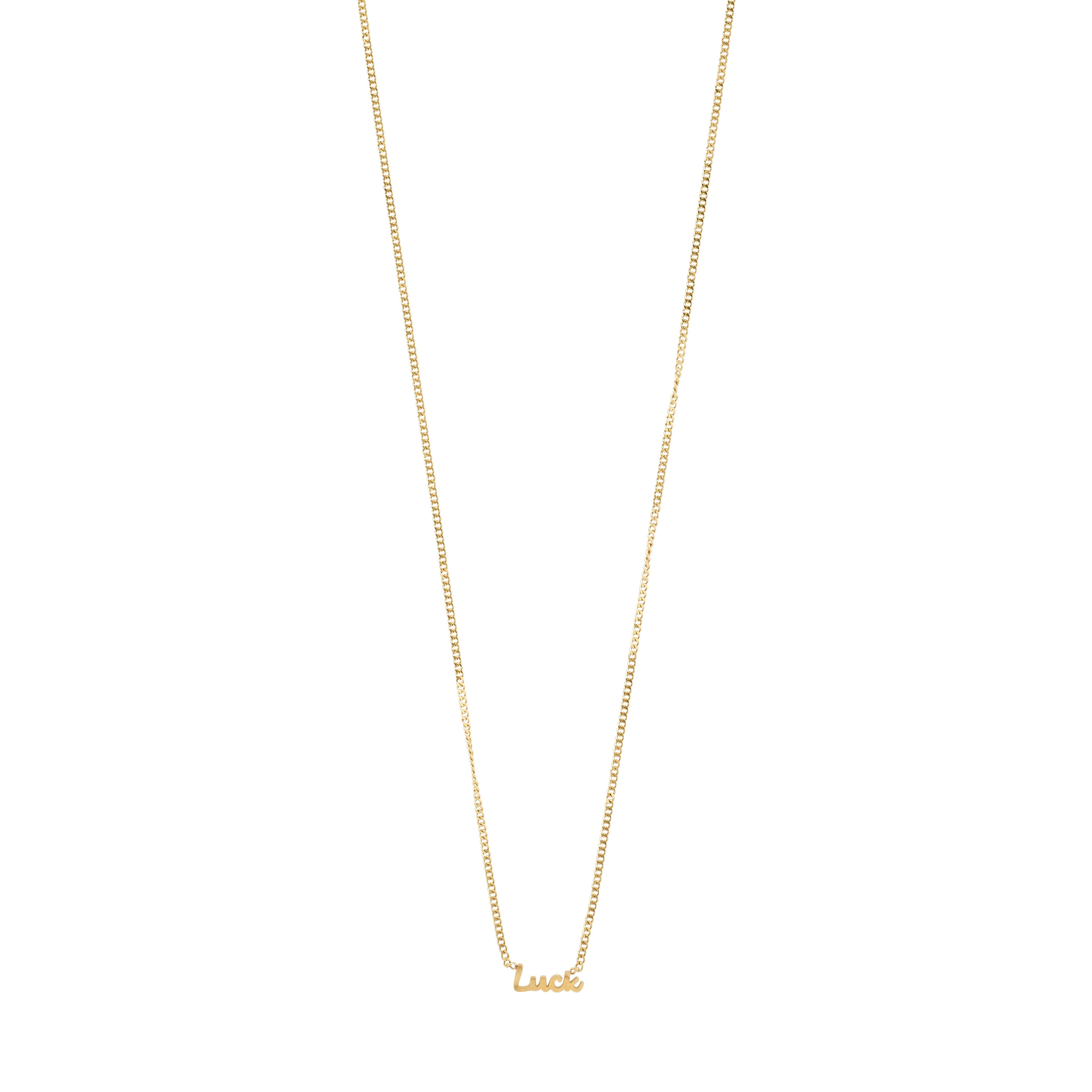 Gold-plated 'LUCK' name necklace featuring a cursive script pendant on a sleek chain, ideal for personal style and daily wear.