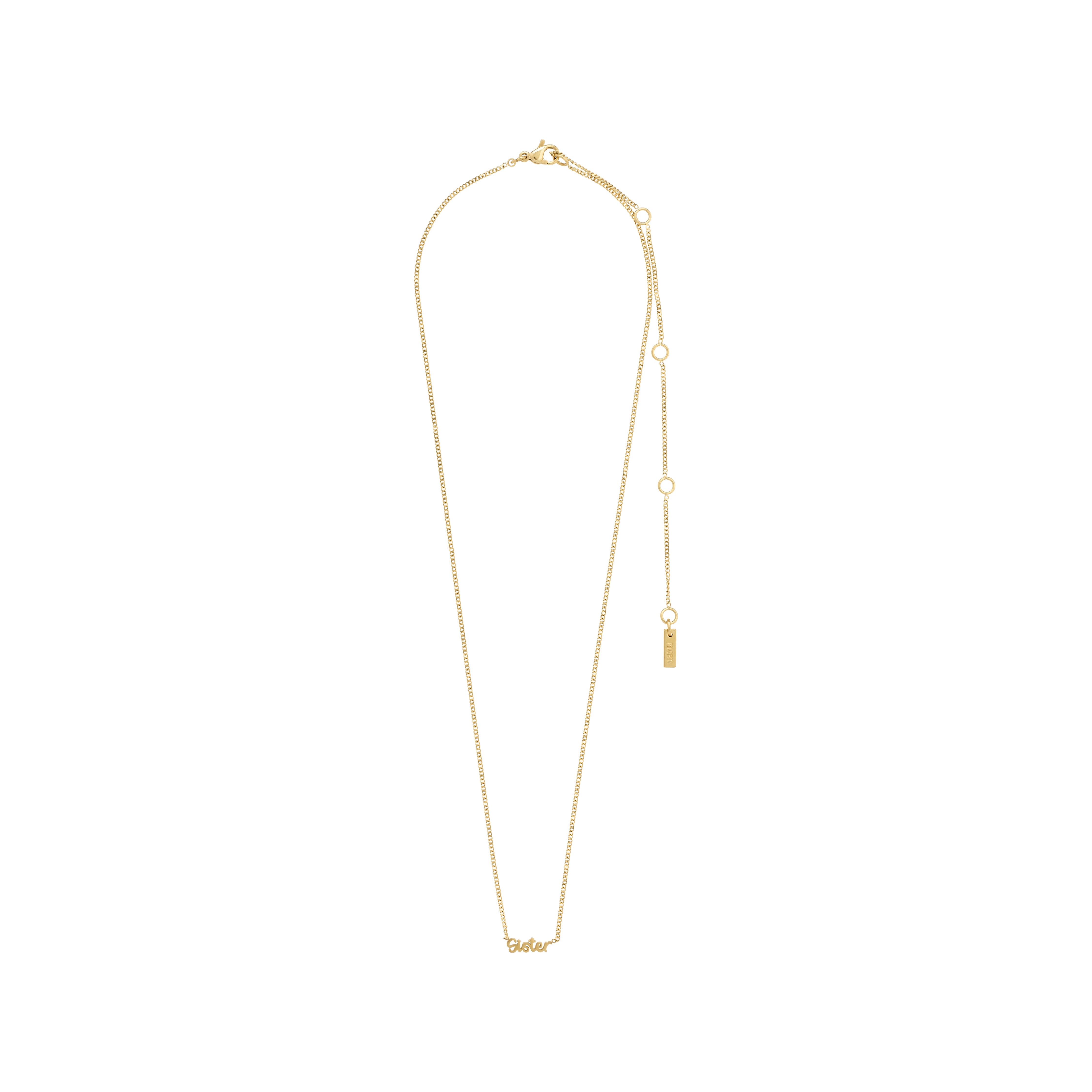 Gold-plated SISTER necklace with a small cursive pendant and tassel, embodying Scandinavian craftsmanship and sustainability, perfect for personal styling.