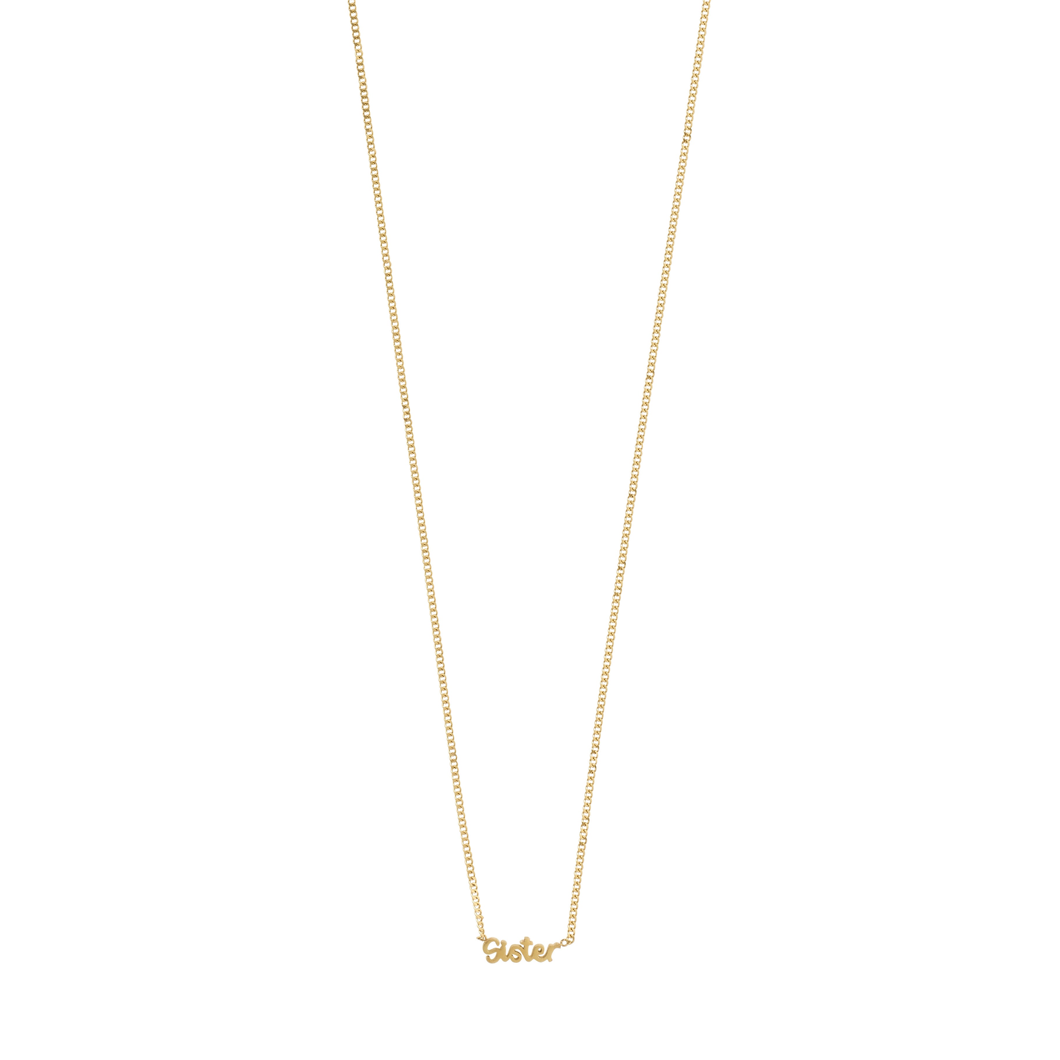 Gold-plated SISTER necklace featuring a sleek chain and small cursive pendant, perfect for daily wear and personal style expression.