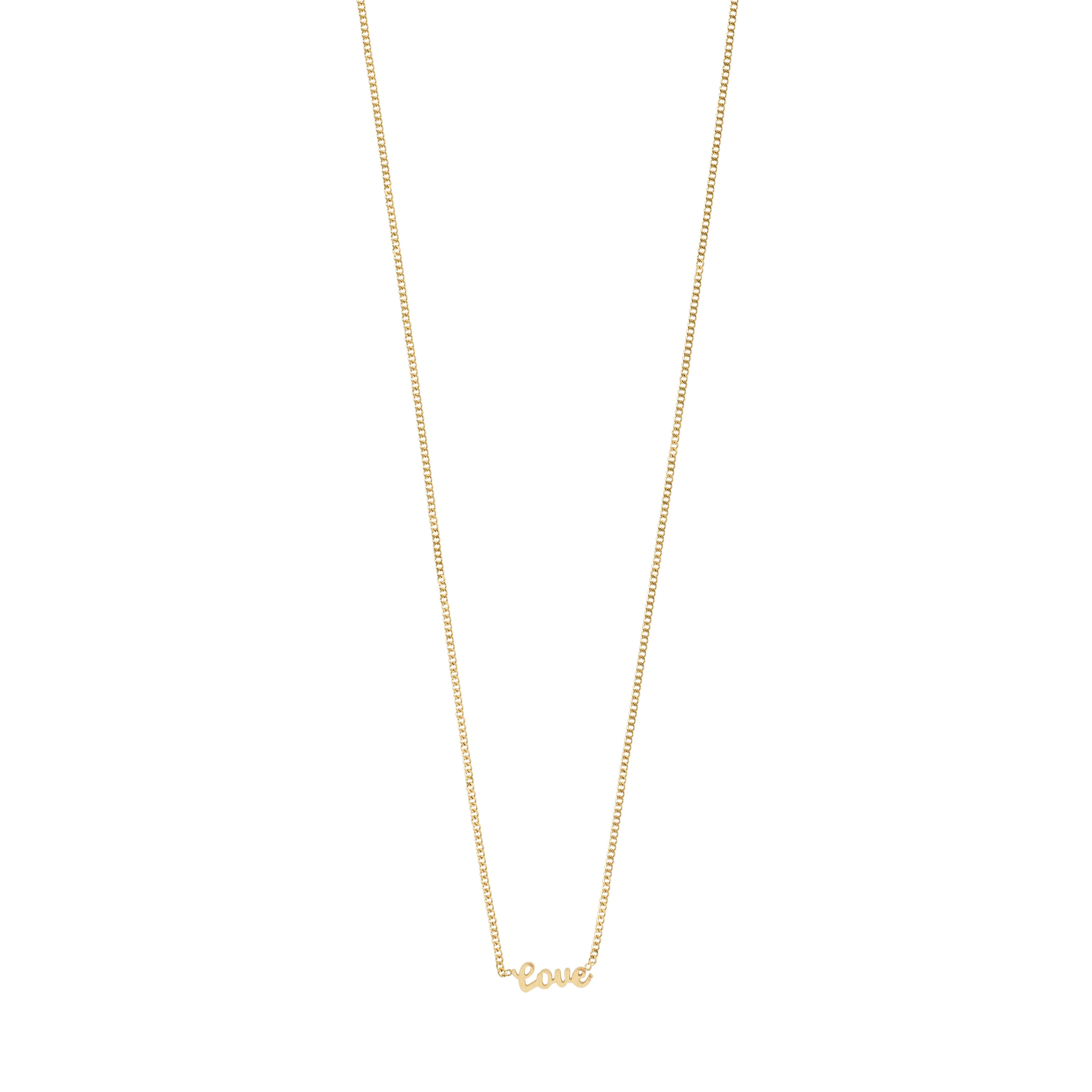 Gold-plated necklace featuring a cursive 'LOVE' pendant, 38 cm with a 9 cm extension, crafted from 99% recycled material for everyday wear.