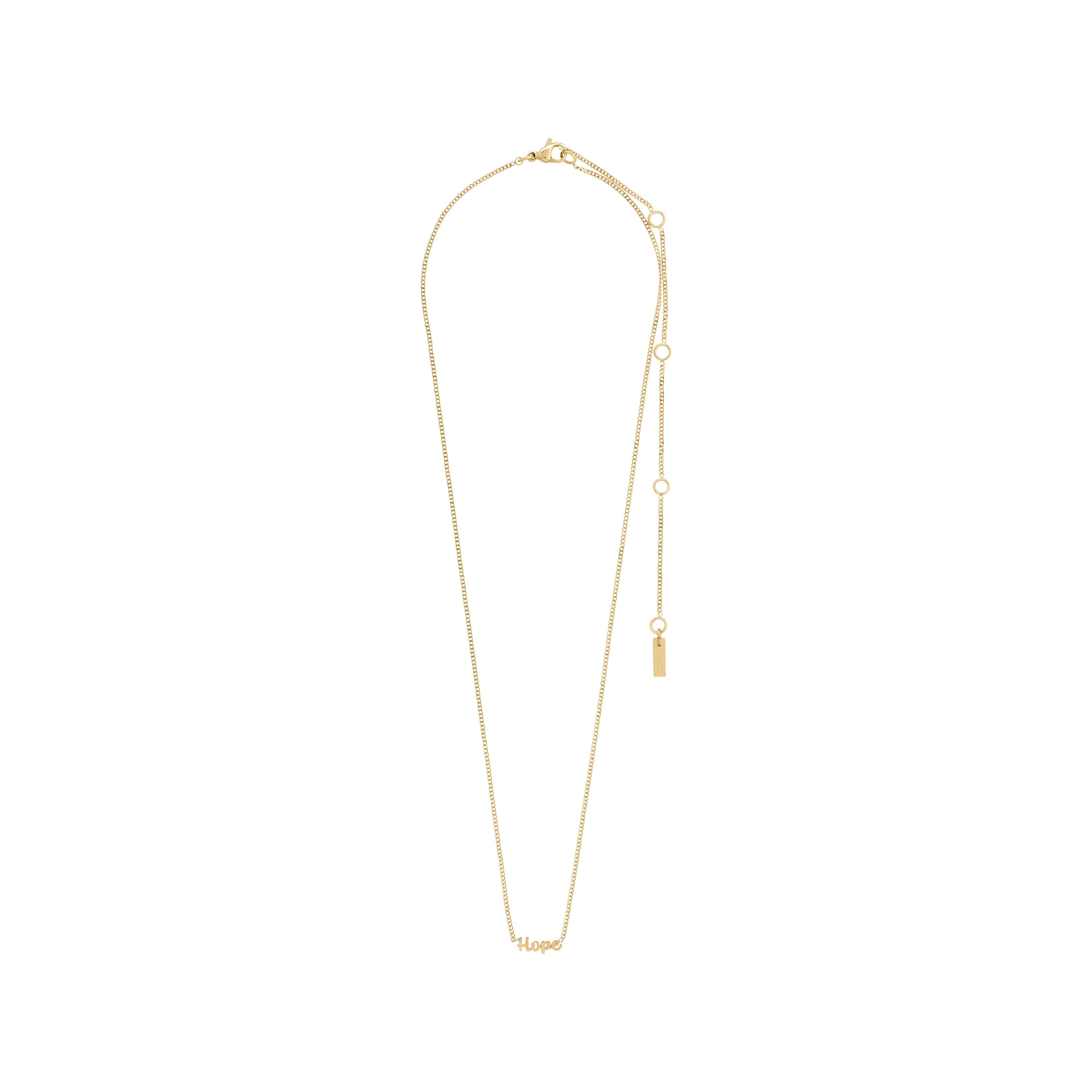 HOPE necklace gold-plated with a cursive pendant, crafted from 99% recycled material, perfect for gifting or daily wear, versatile for any style.