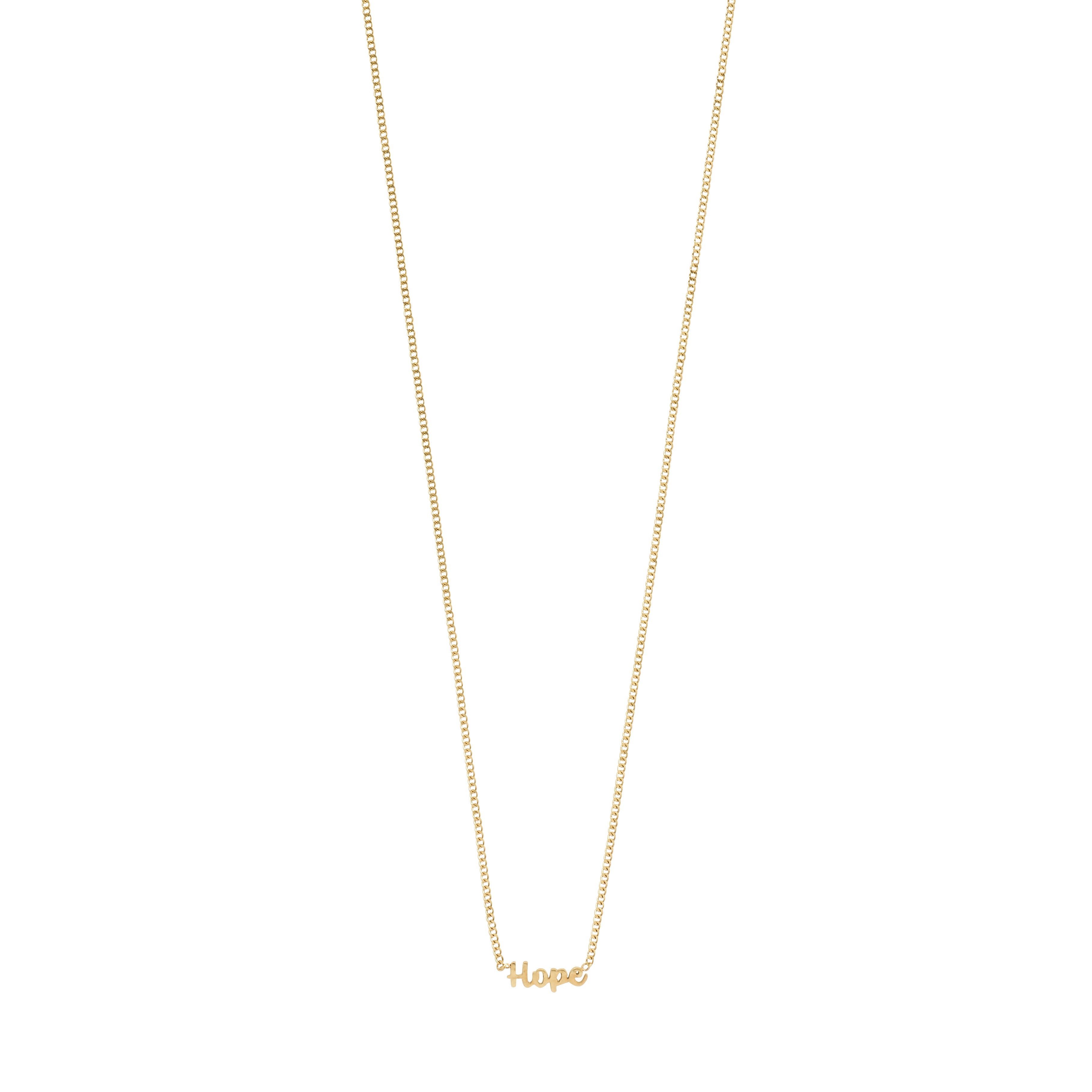 Gold-plated 'HOPE' necklace features a cursive pendant on a sleek chain, embodying style and sustainability for any gender. Perfect for daily wear or gifting.