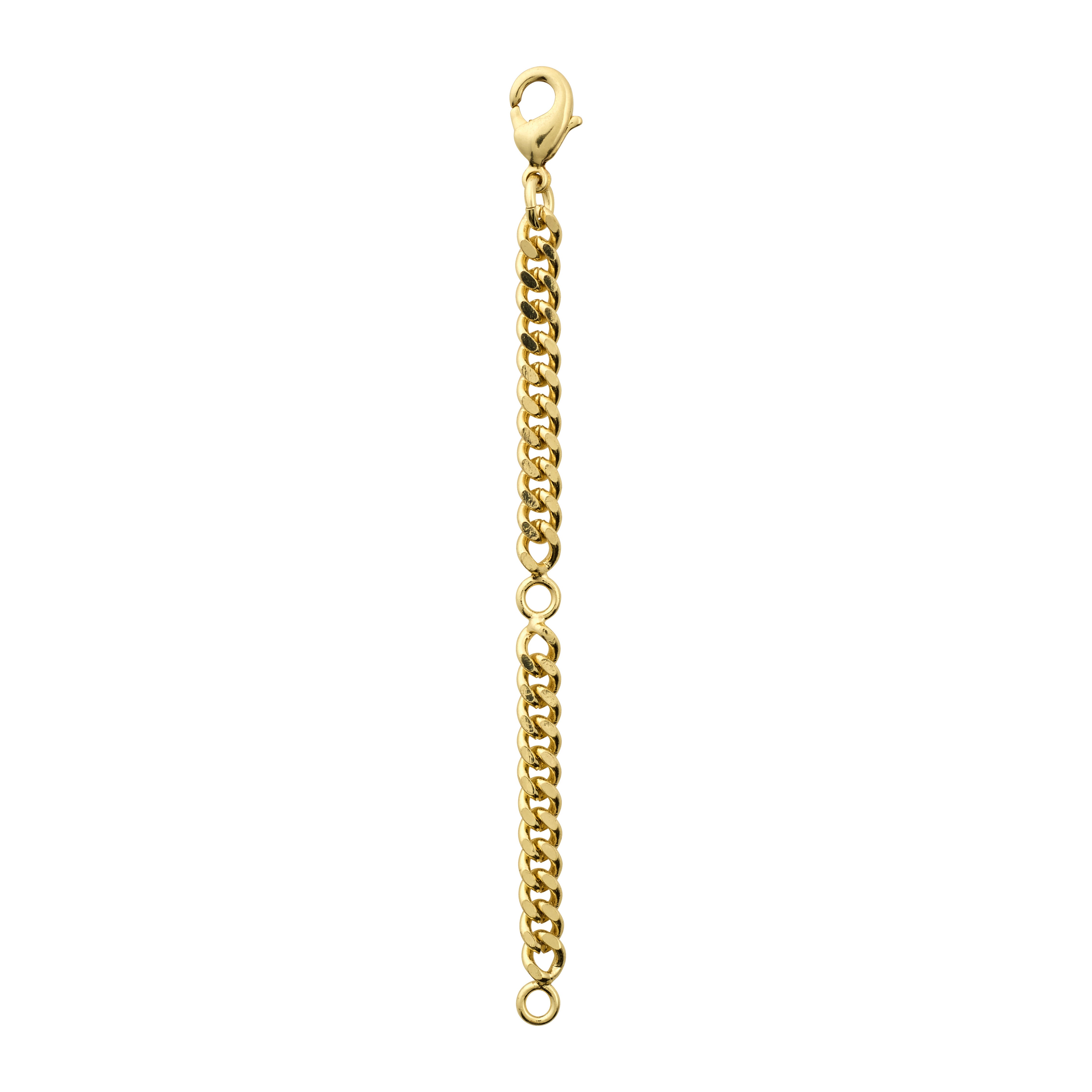 Gold-plated extension chain with lobster clasp, curb design, extends up to 9 cm. Ideal for necklaces, bracelets, or ankle chains.