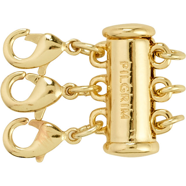 Gold-plated lock with three lobster clasps, designed for layering necklaces without tangling, showcasing a close-up of the stylish and functional clasp.