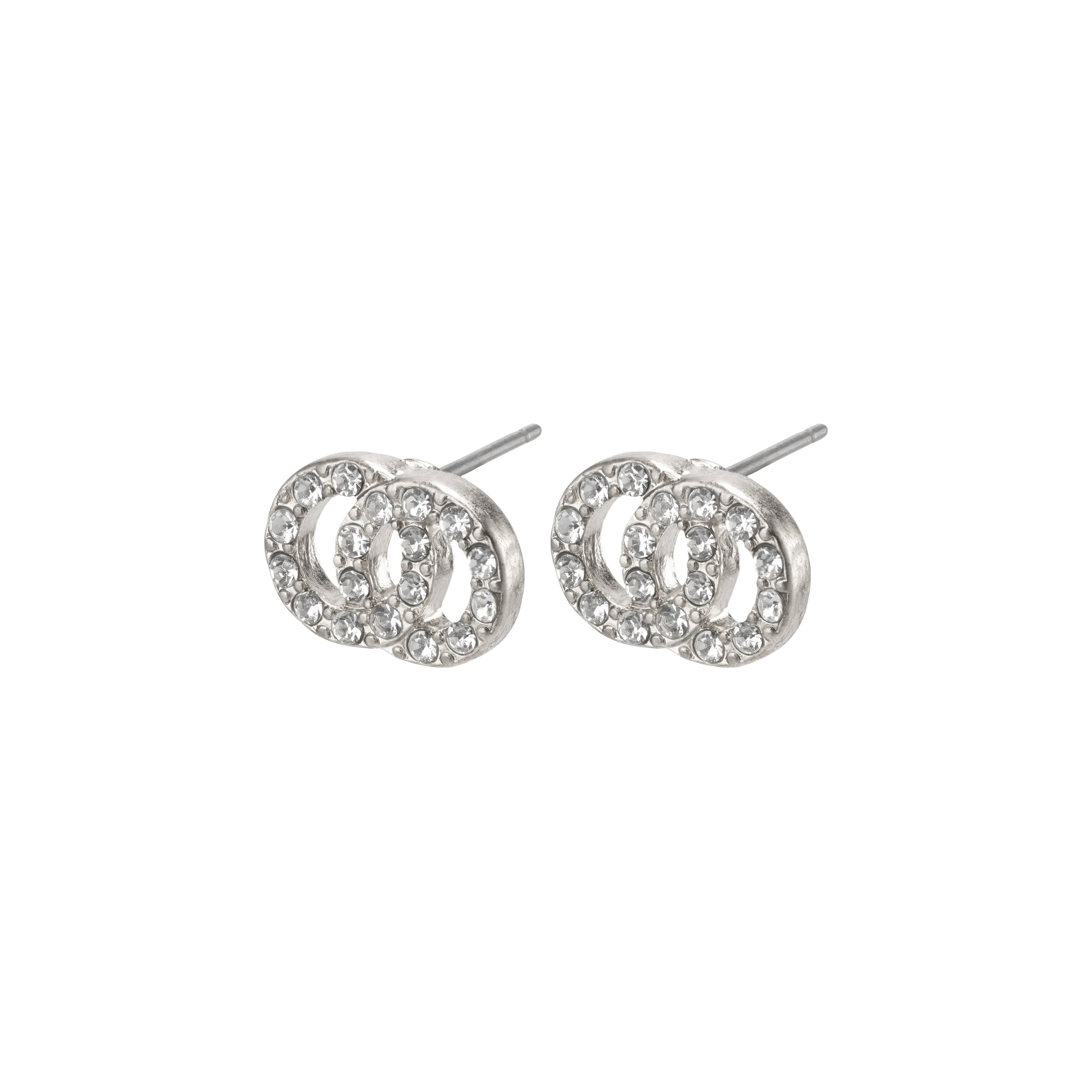 VICTORIA crystal earrings, silver-plated, featuring intertwined rings adorned with bright crystal stones, embodying Scandinavian elegance and contemporary style from Pilgrim's collection.