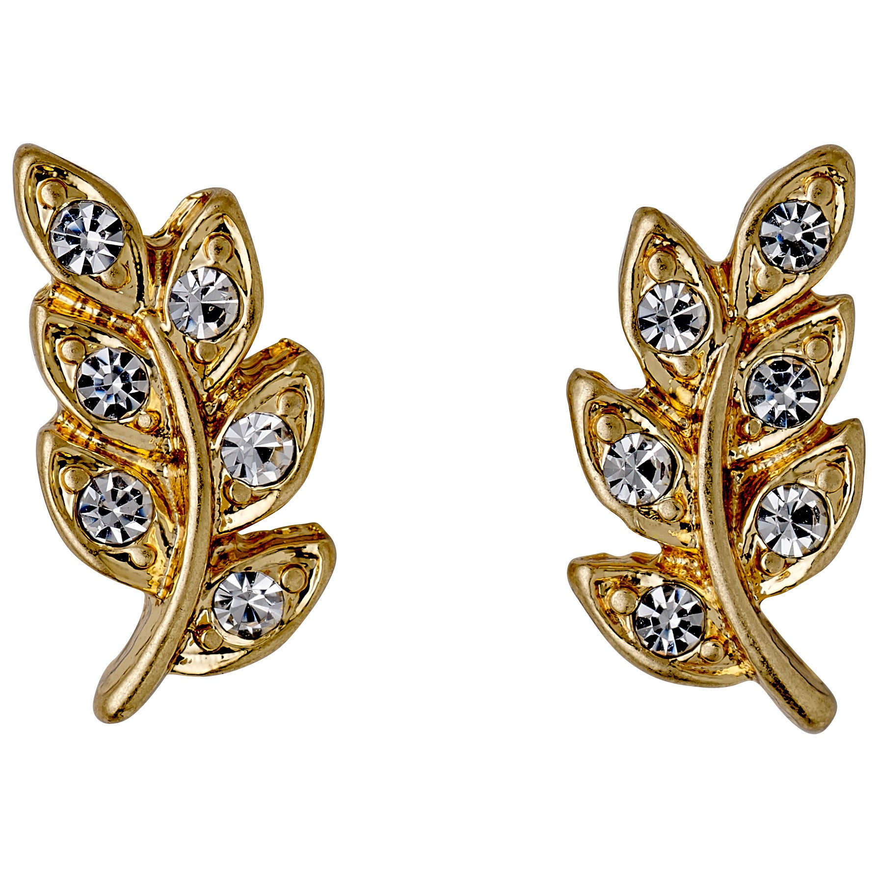 IMOGEN crystal leaf earrings gold-plated by Pilgrim, featuring delicate gold leaves adorned with sparkling Preciosa crystals, embodying nature-inspired elegance.