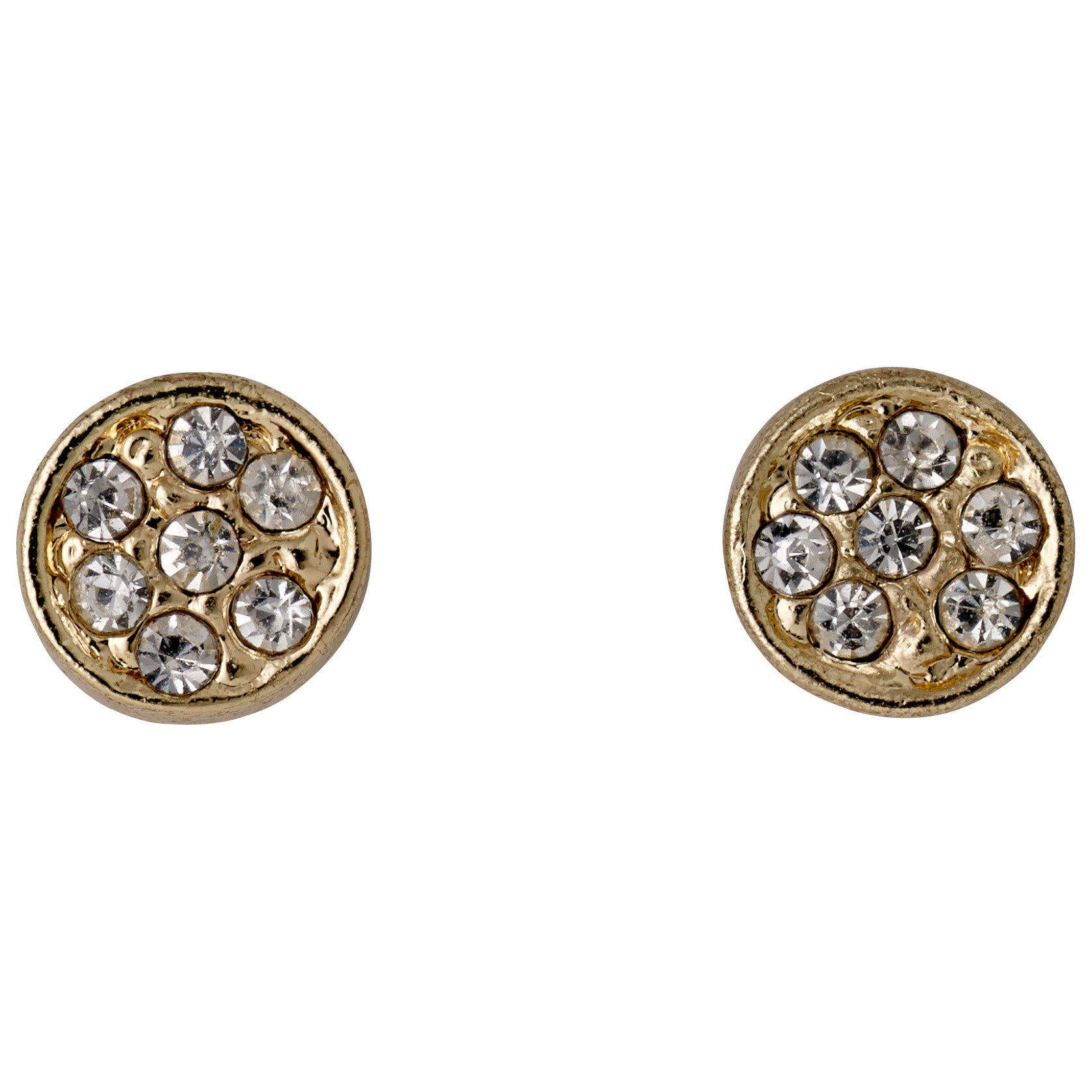 EMMA crystal earrings gold-plated; round studs with clear, sparkling crystals, embodying Scandinavian quality and style. Perfect for trendsetters seeking timeless elegance.