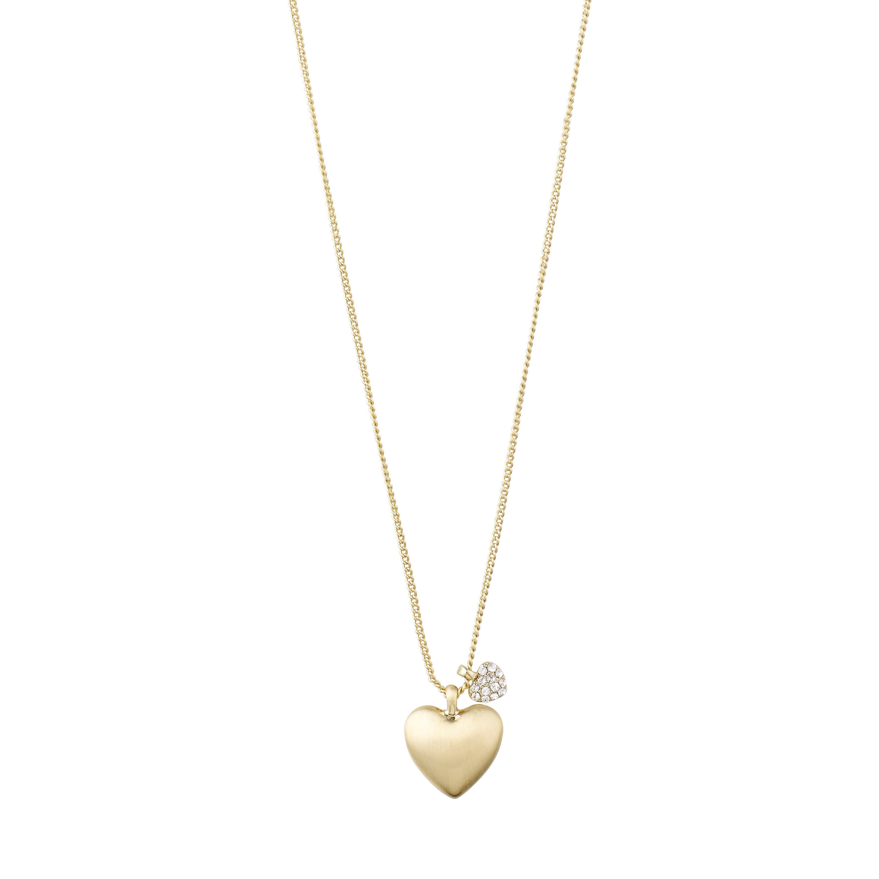 SOPHIA heart pendant necklace gold-plated: Features a velvet-matt large heart and crystal-adorned smaller heart on a 40 cm collarbone chain, adjustable by 9 cm.