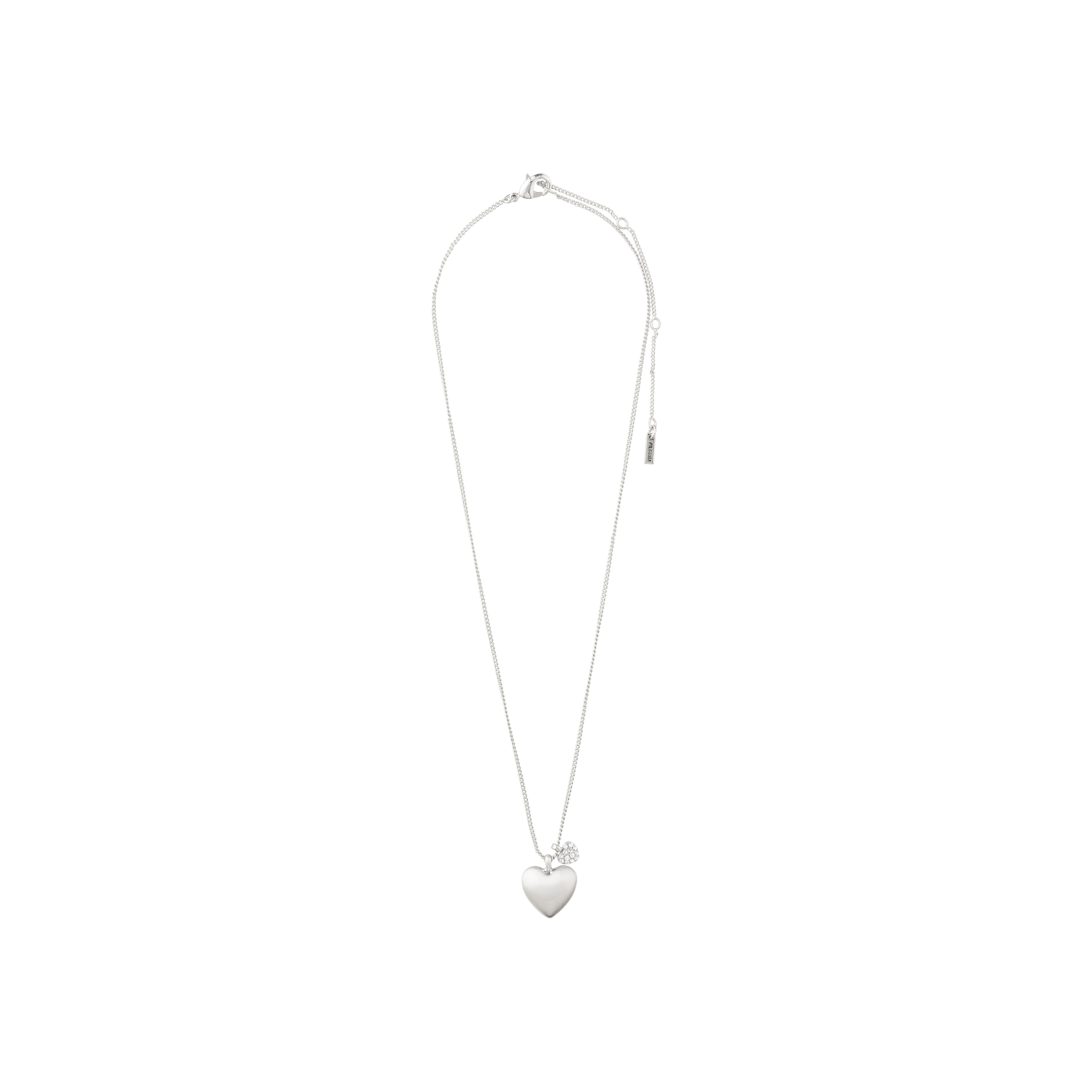 SOPHIA heart pendant necklace, silver-plated, featuring a velvet-matt large heart and a crystal-accented smaller heart. Stylish collarbone design with adjustable chain length.