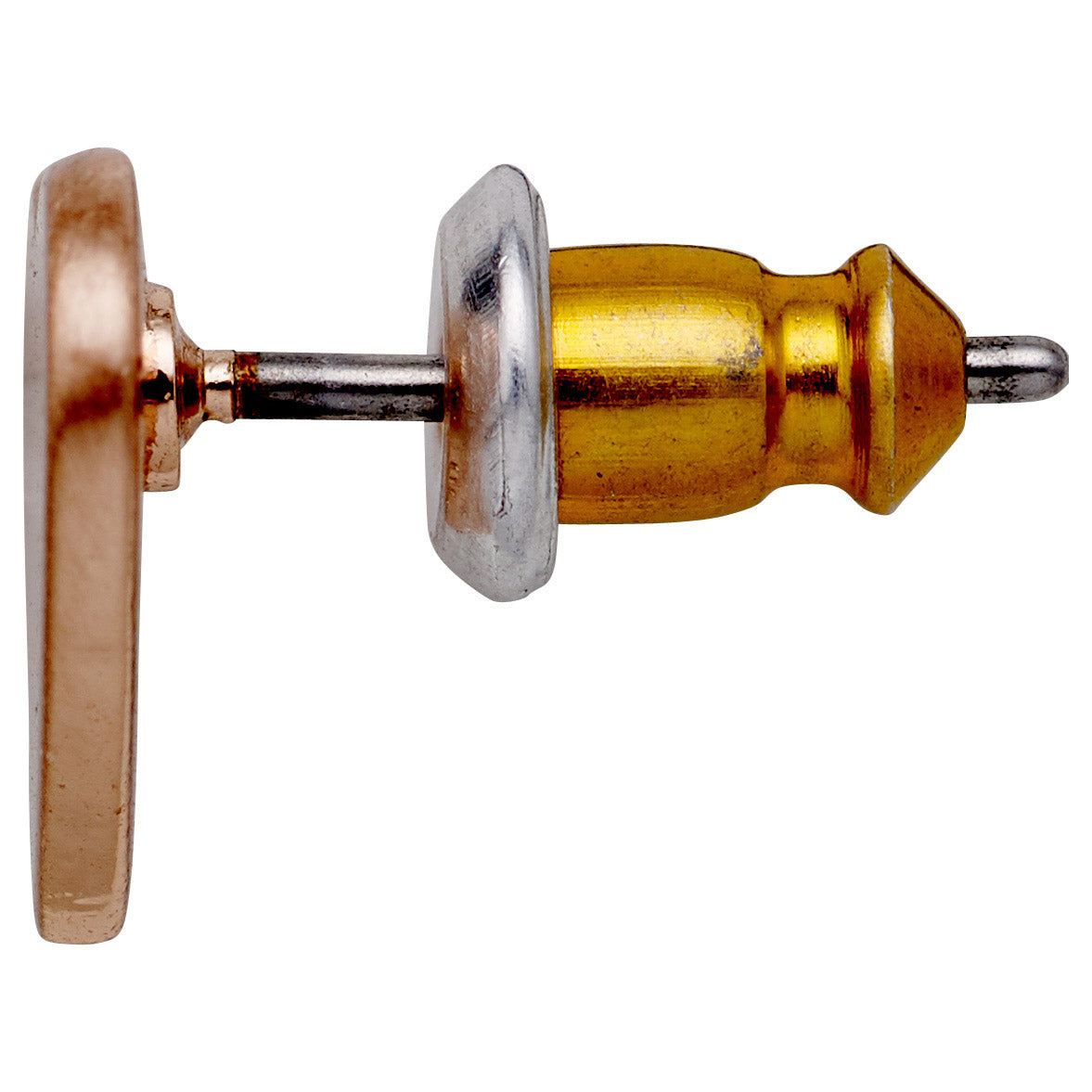 Close-up of VIVI heart earrings, rose gold-plated, featuring a sleek, minimalist design with a blend of gold and silver tones. Ideal for everyday wear.