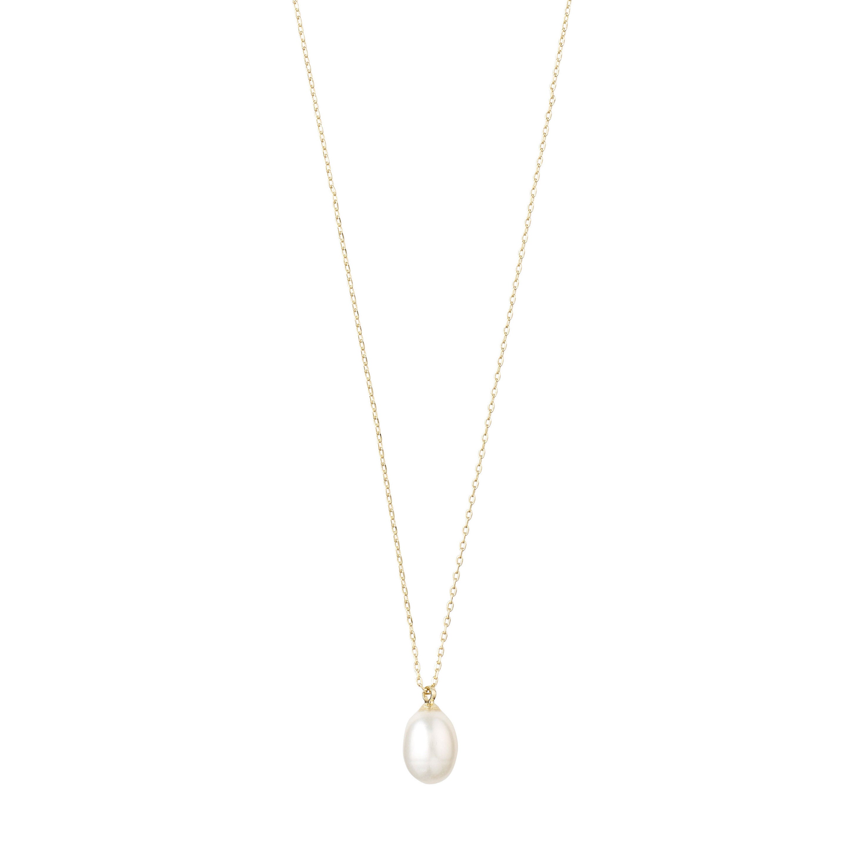 EILA freshwater pearl necklace gold-plated, featuring a droplet-shaped pearl pendant on a delicate chain, exemplifying Scandinavian craftsmanship and modern elegance.