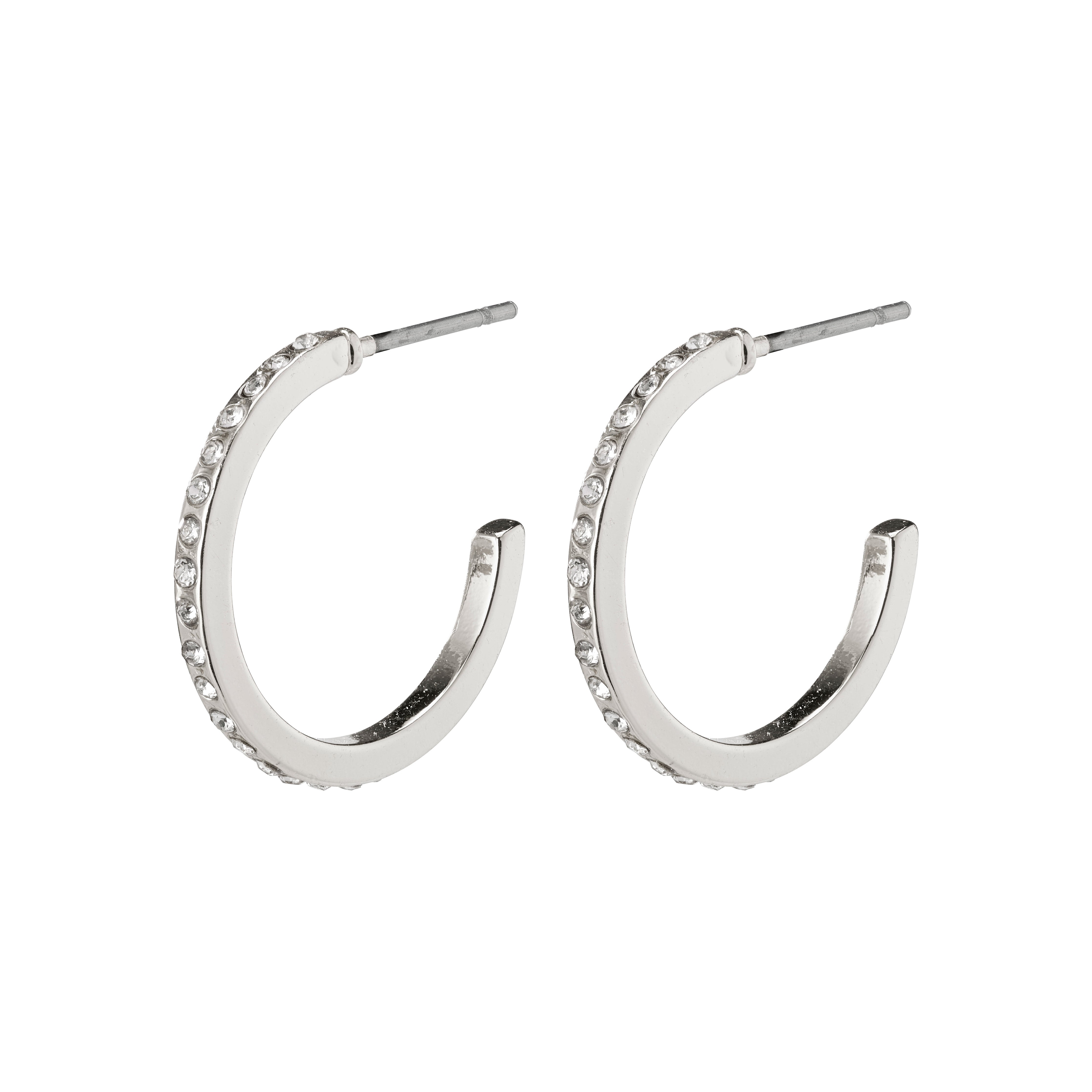 ROBERTA crystal semi-hoops, silver-plated, featuring medium-sized hoops adorned with clear crystals for a chic, Nordic-inspired look. Ideal for enhancing trendy, casual outfits.