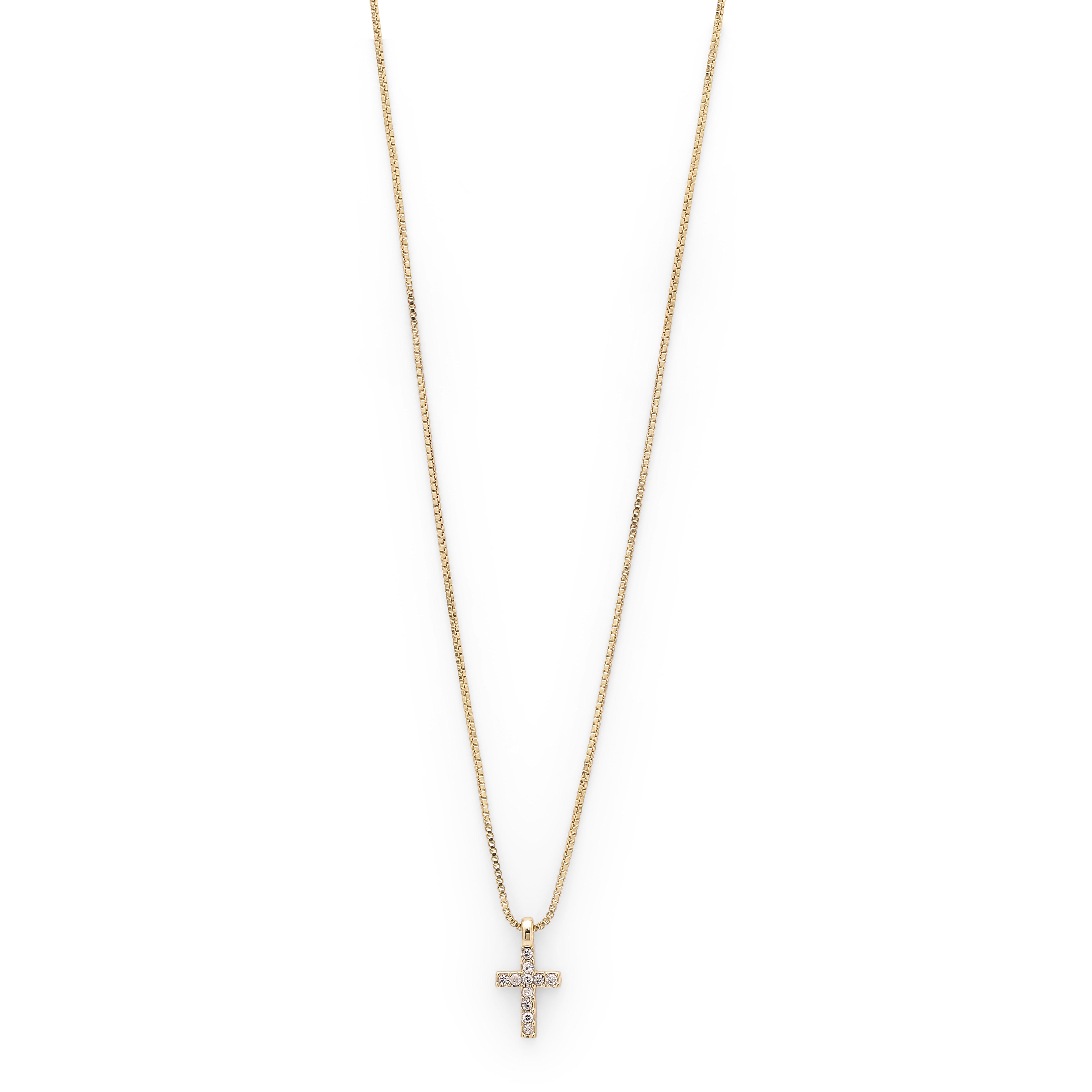 CLARA crystal cross necklace, gold-plated, featuring a delicate cross adorned with sparkling crystals on a 35 cm chain, with a 9 cm extension option.