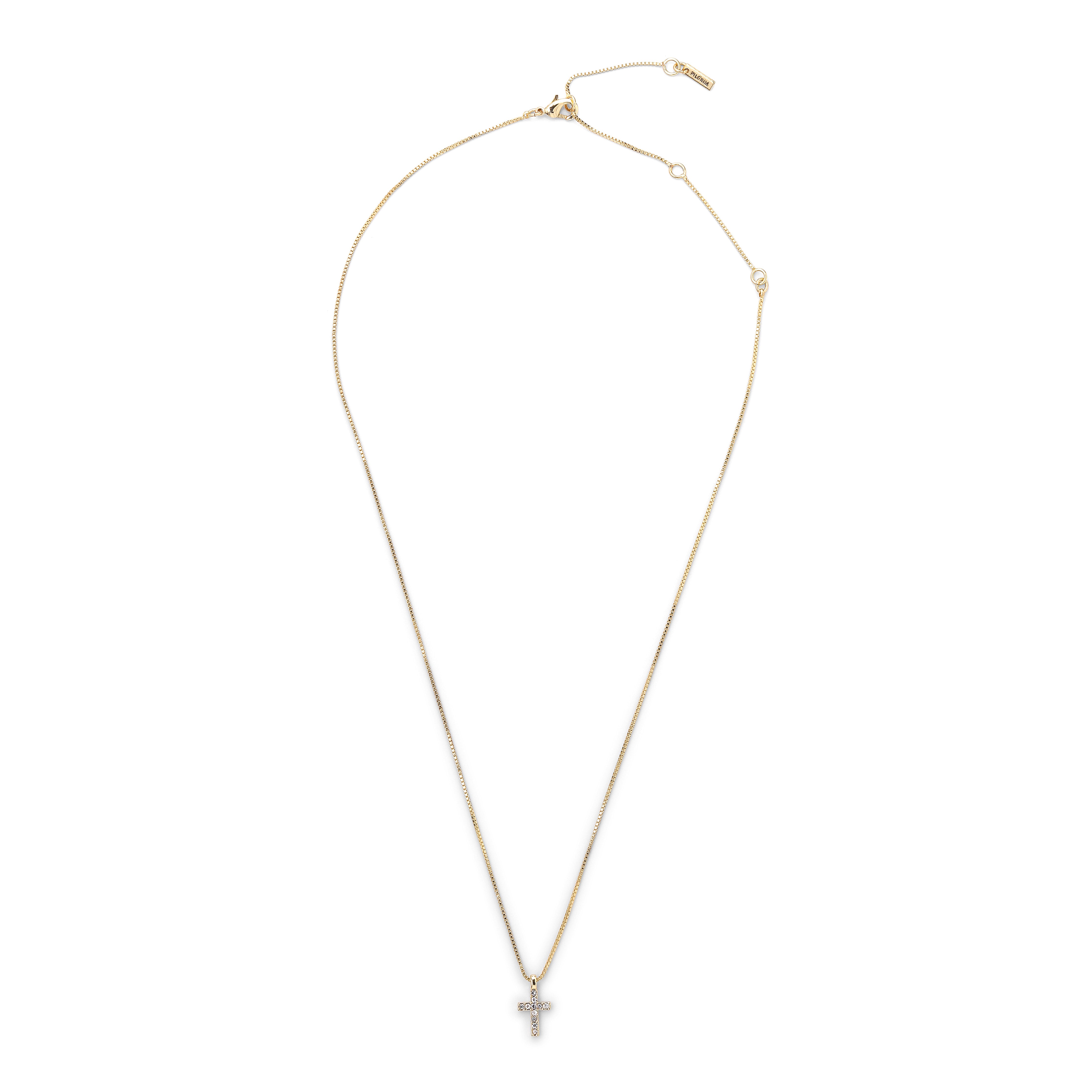CLARA crystal cross necklace gold-plated featuring a sparkling crystal-adorned cross pendant on a delicate 35 cm chain with a 9 cm extension.