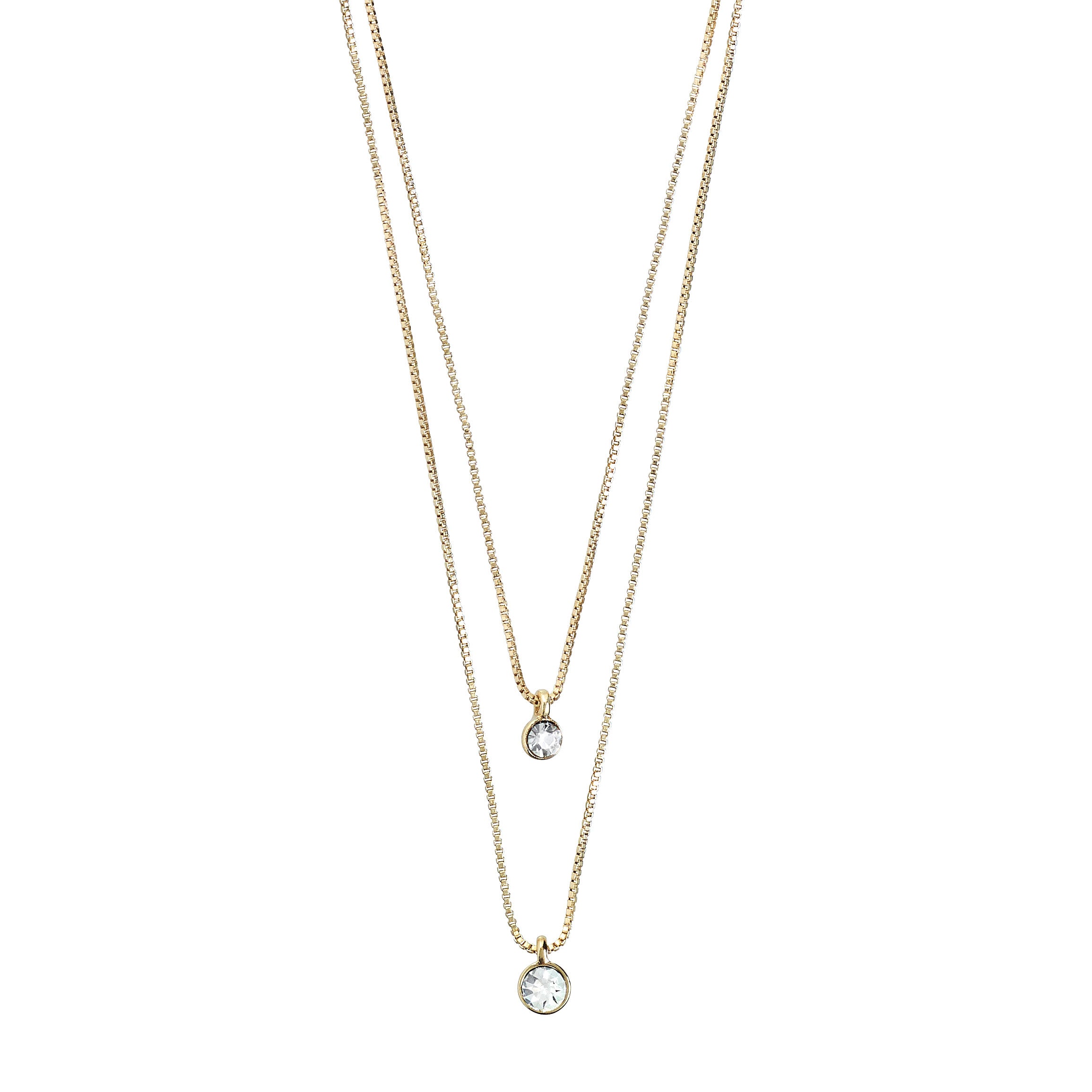 LUCIA 2-in-1 crystal necklace gold-plated features two intertwined chains with sparkling crystal pendants, ideal for adding elegance and charm to any outfit.