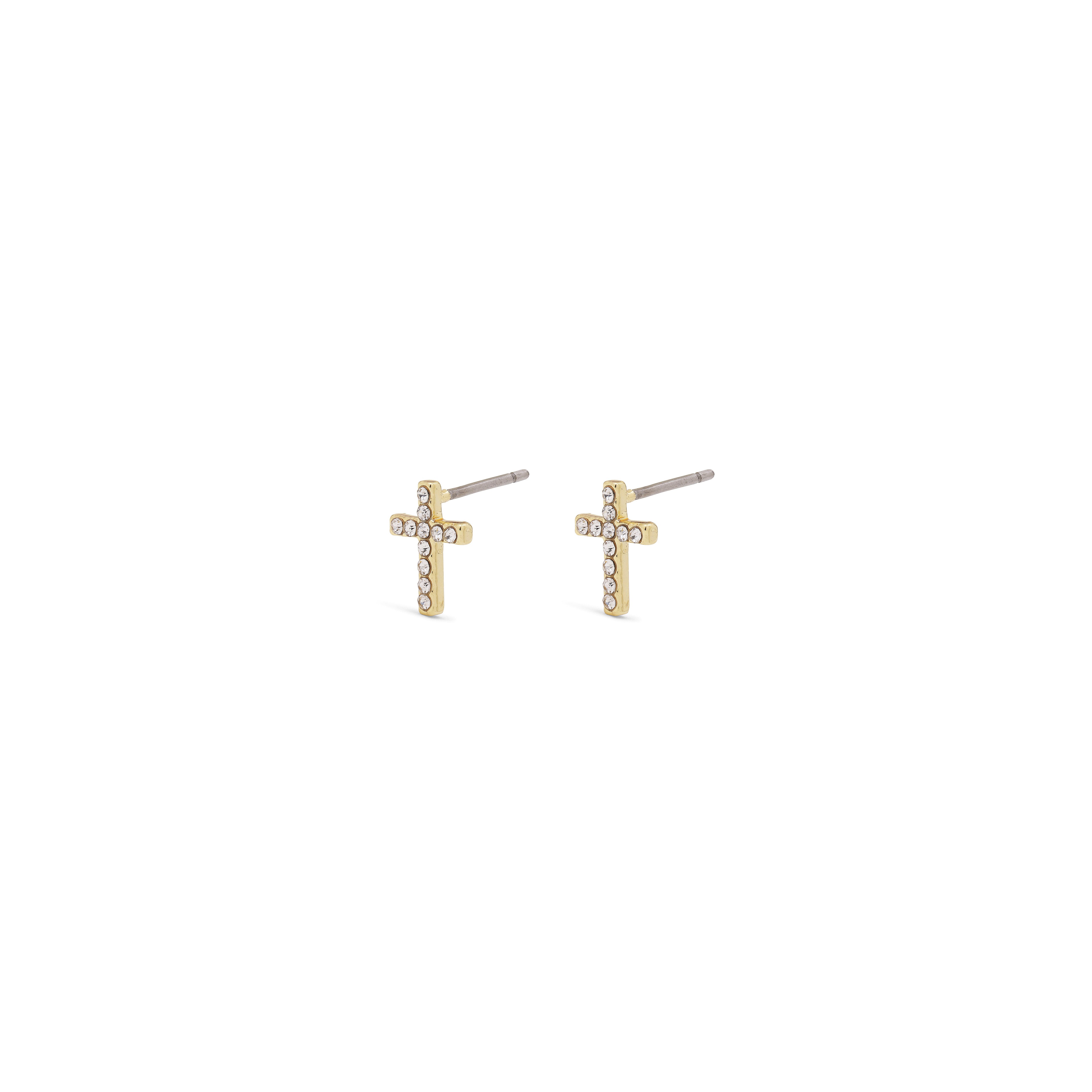 CLARA crystal cross earrings in gold-plated design, featuring clean lines and sparkling crystals for a modern, feminine touch. Perfect for adding elegance to any style.