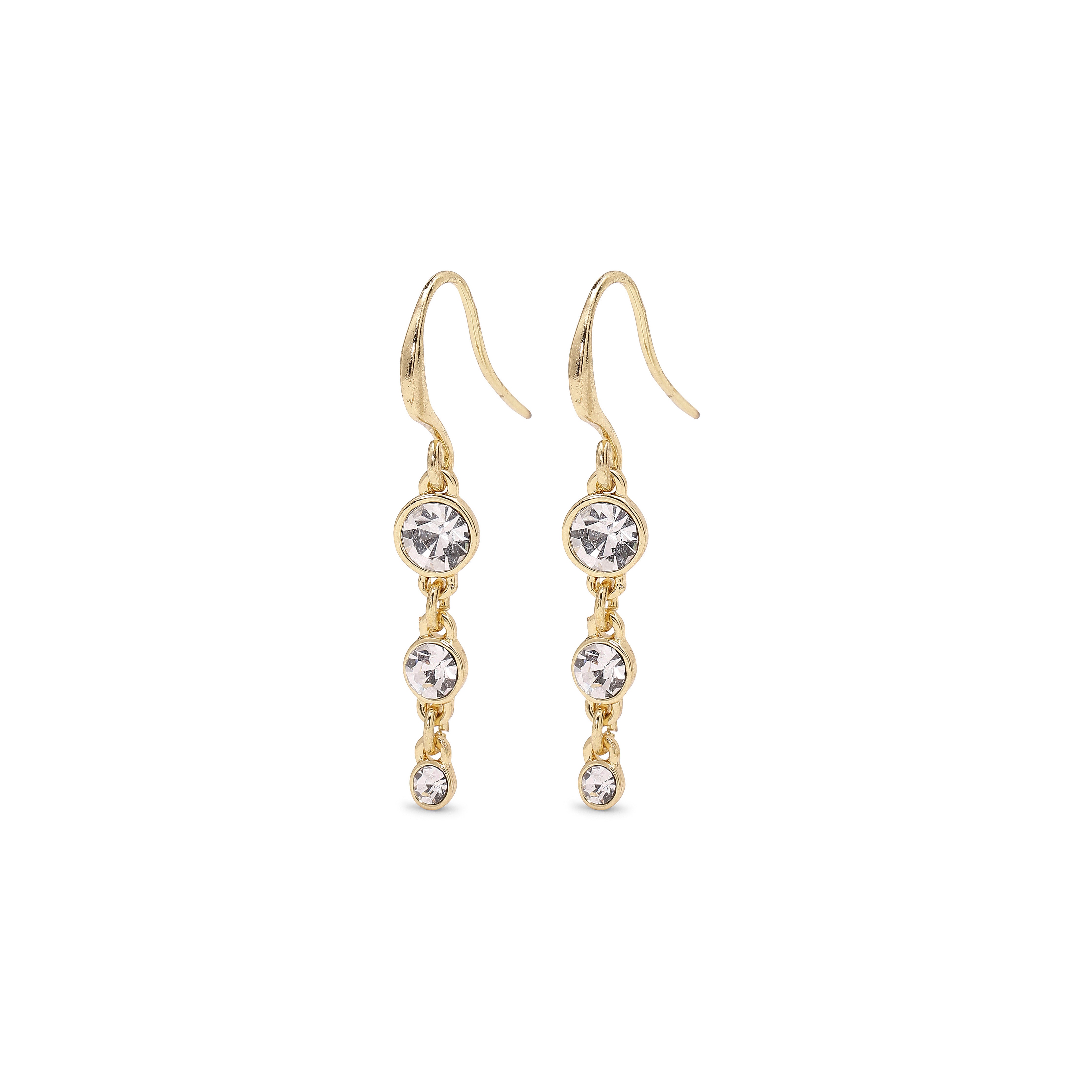 LUCIA crystal earrings gold-plated; three diamonds in a row for a glamorous, sparkling effect. Perfect for adding elegance to any look.