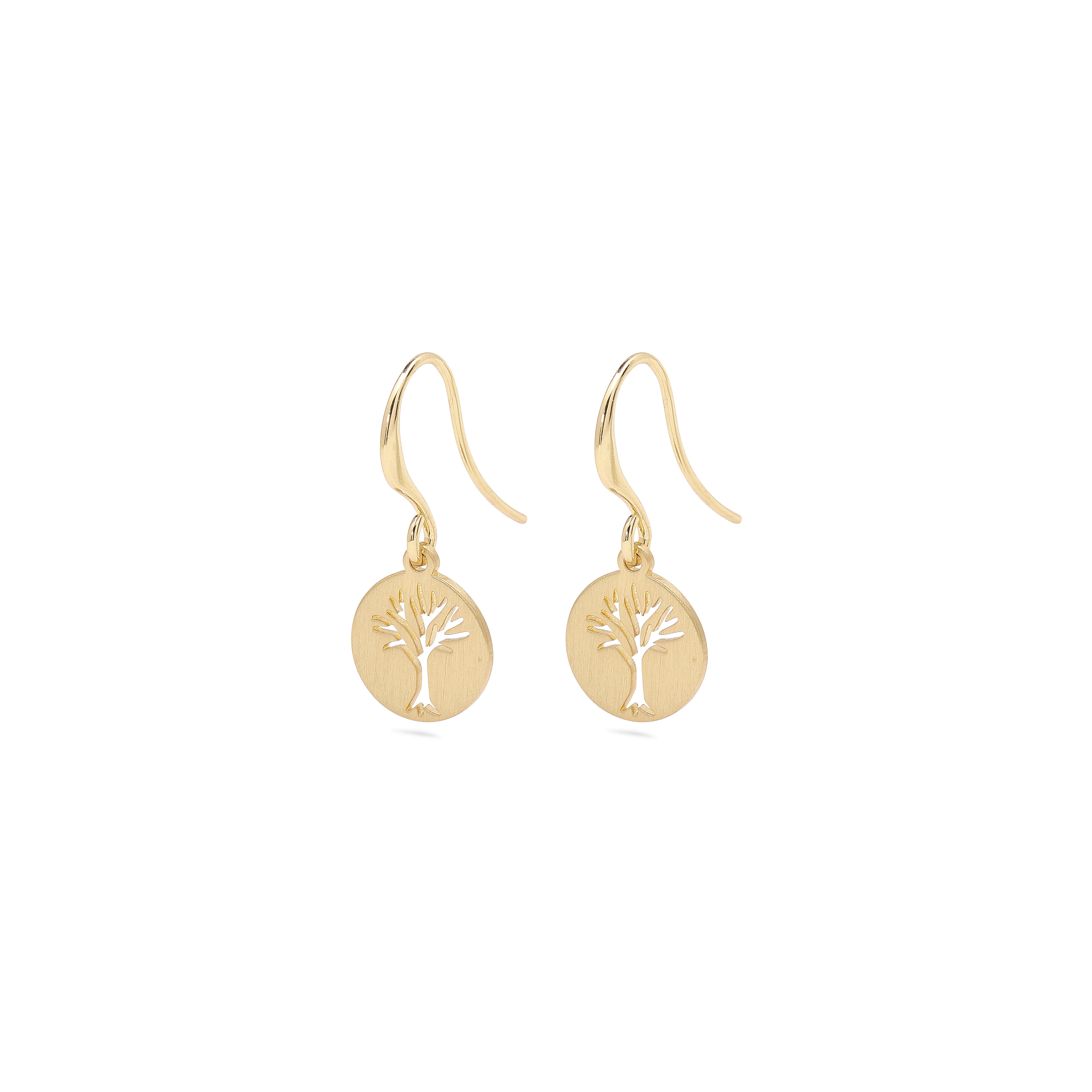 ELIN coin earrings gold-plated, featuring a minimalist tree of life design within matte circles, embody contemporary trends with timeless Scandinavian craftsmanship from Pilgrim.