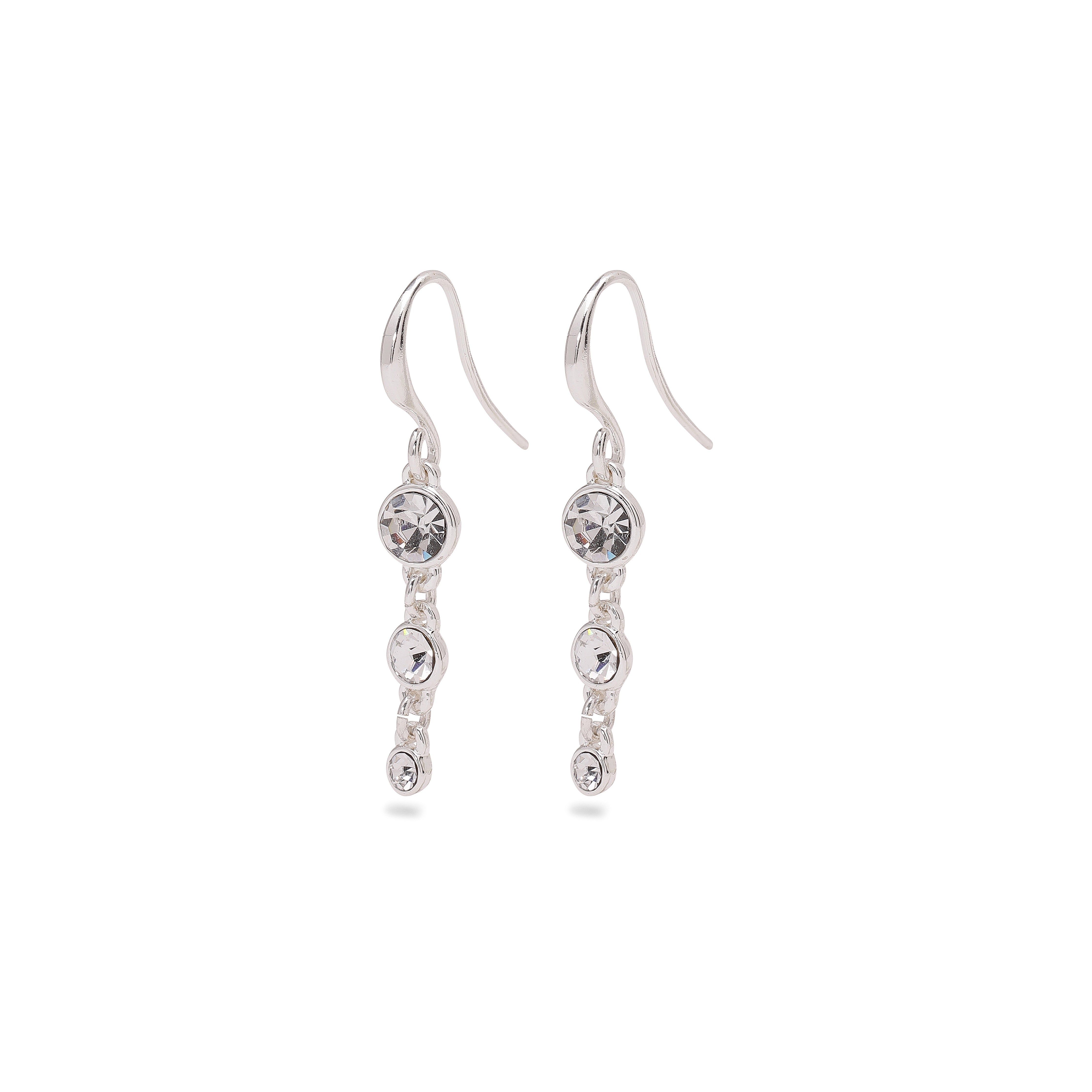 LUCIA crystal earrings, silver-plated, featuring three sparkling crystals in a row, perfect for adding glamour and elevating everyday looks.