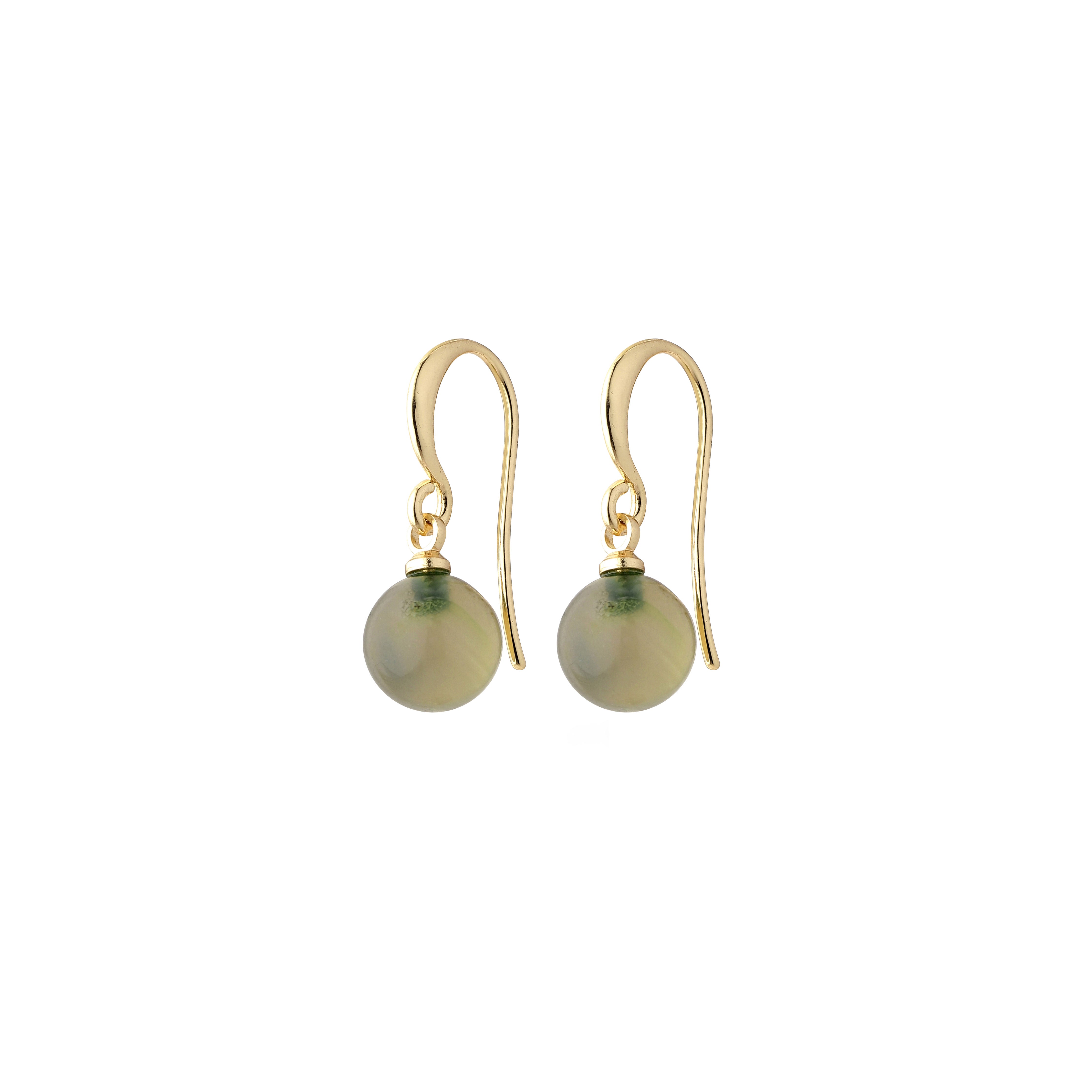 GOLDIE green earrings, gold-plated with a grey-green glass bead pendant, showcasing Scandinavian charm and elegance. Ideal for trendsetters seeking a stylish accessory.