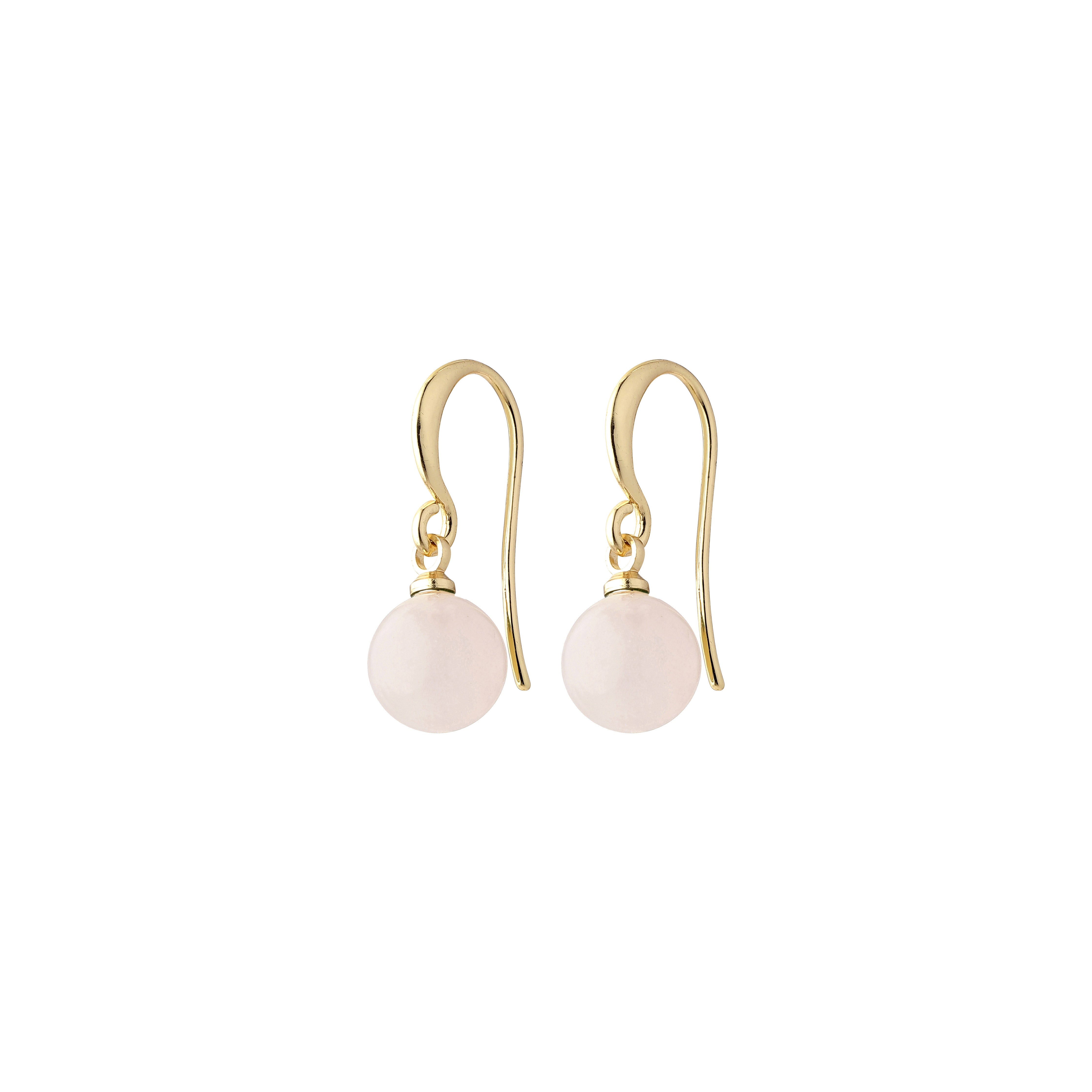 GOLDIE pink earrings, gold-plated with round white stones, feature pink-tinted glass beads that elegantly sway, adding a feminine touch to your style.