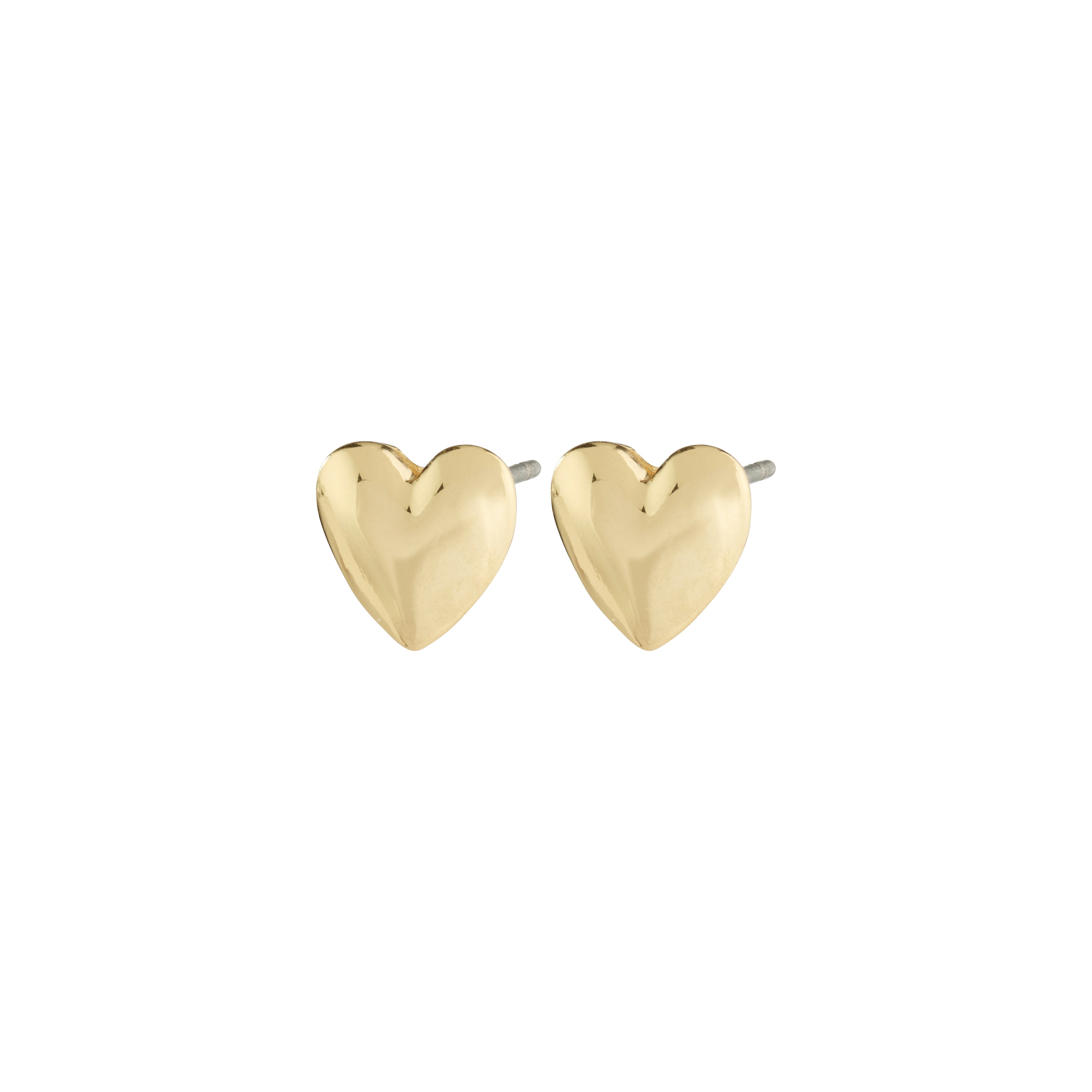 SOPHIA heart earrings, gold-plated, showcase elegant, recycled design with shiny surfaces and soft shapes for a romantic, Nordic-inspired look from Pilgrim.