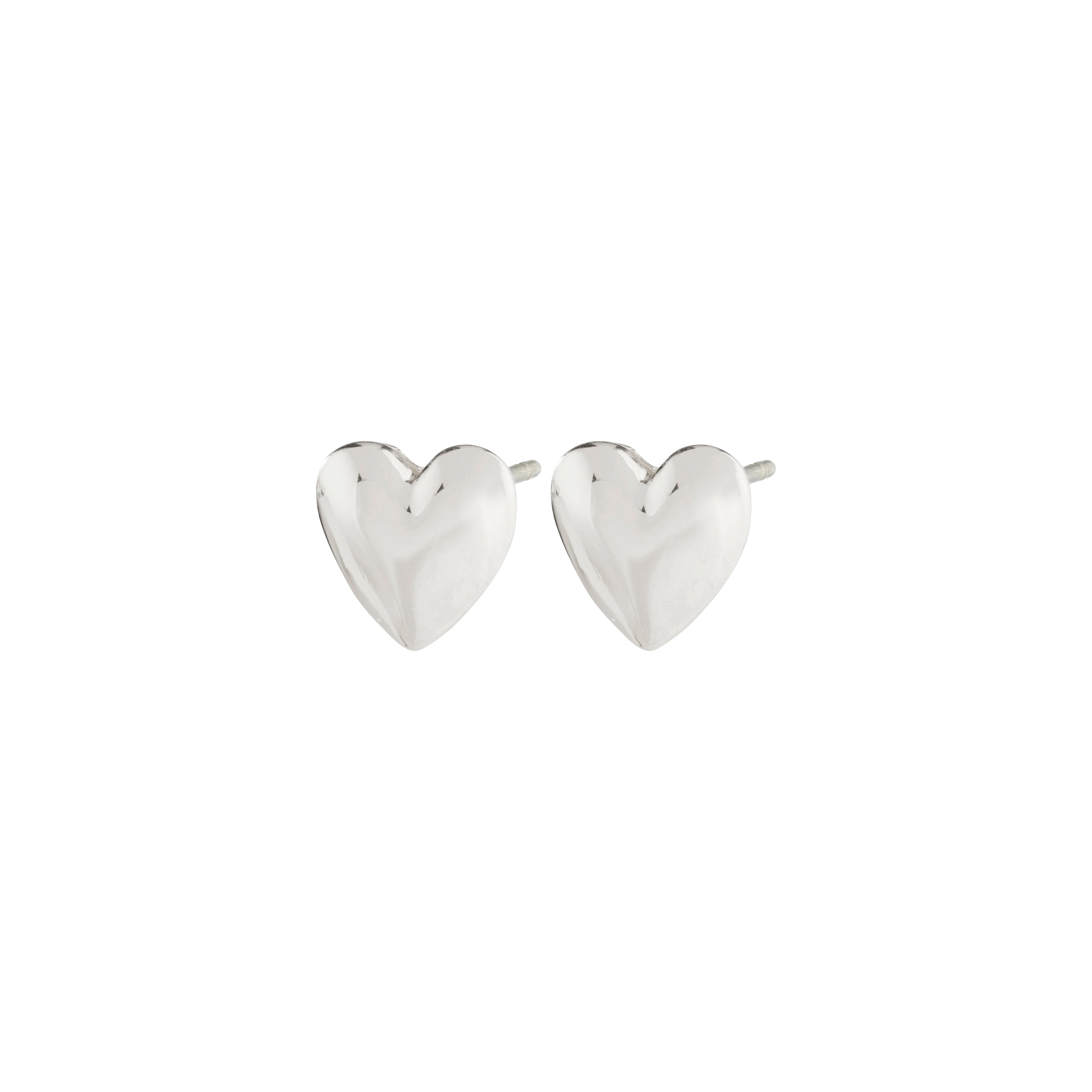 SOPHIA heart earrings, silver-plated, showcasing elegant, shiny surfaces and soft shapes, from Pilgrim's sustainable collection, embodying a romantic, Nordic-inspired style.