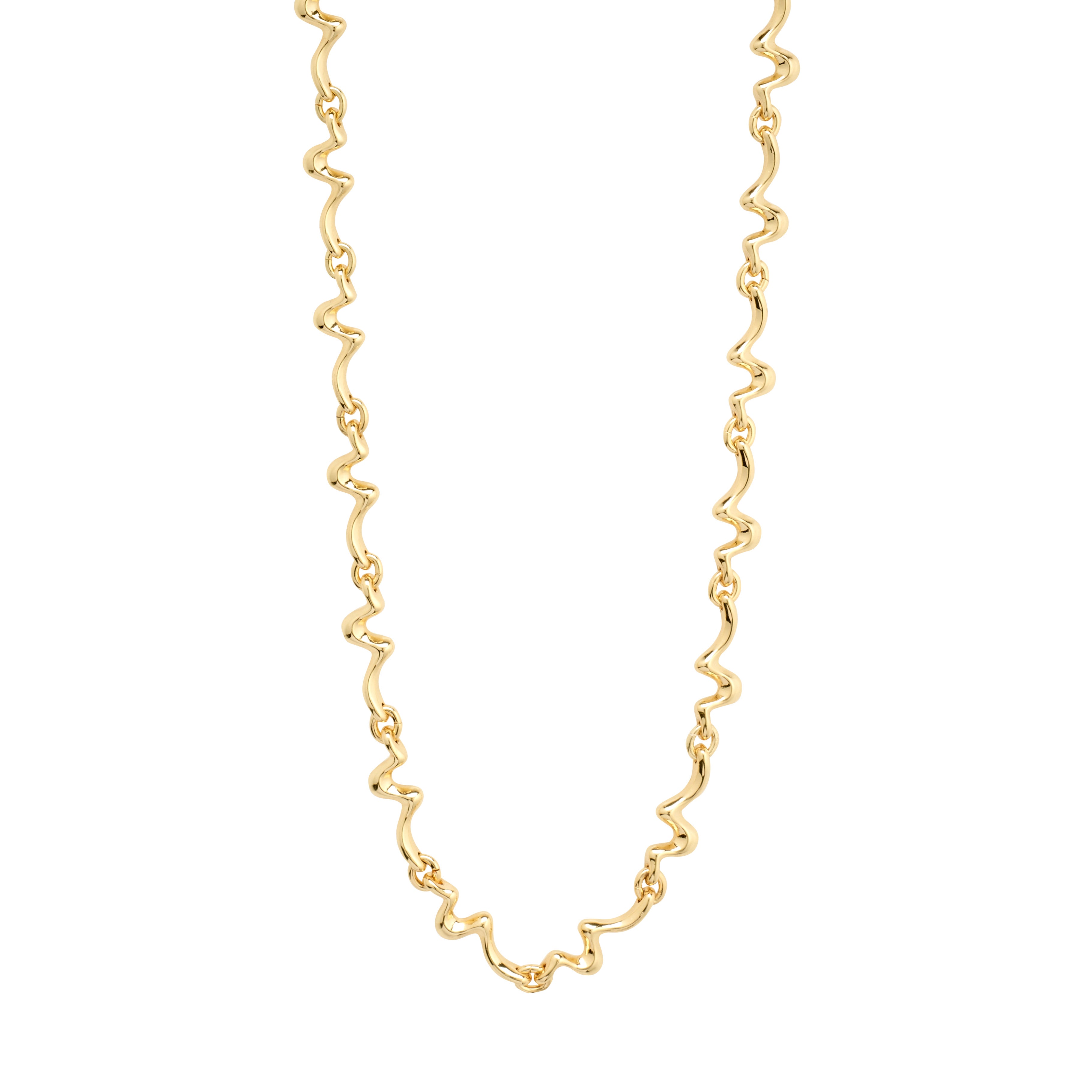 PENELOPE necklace gold-plated from Pilgrim features a wavy design, offering a chic silhouette with 99% recycled material, perfect for stylish versatility.