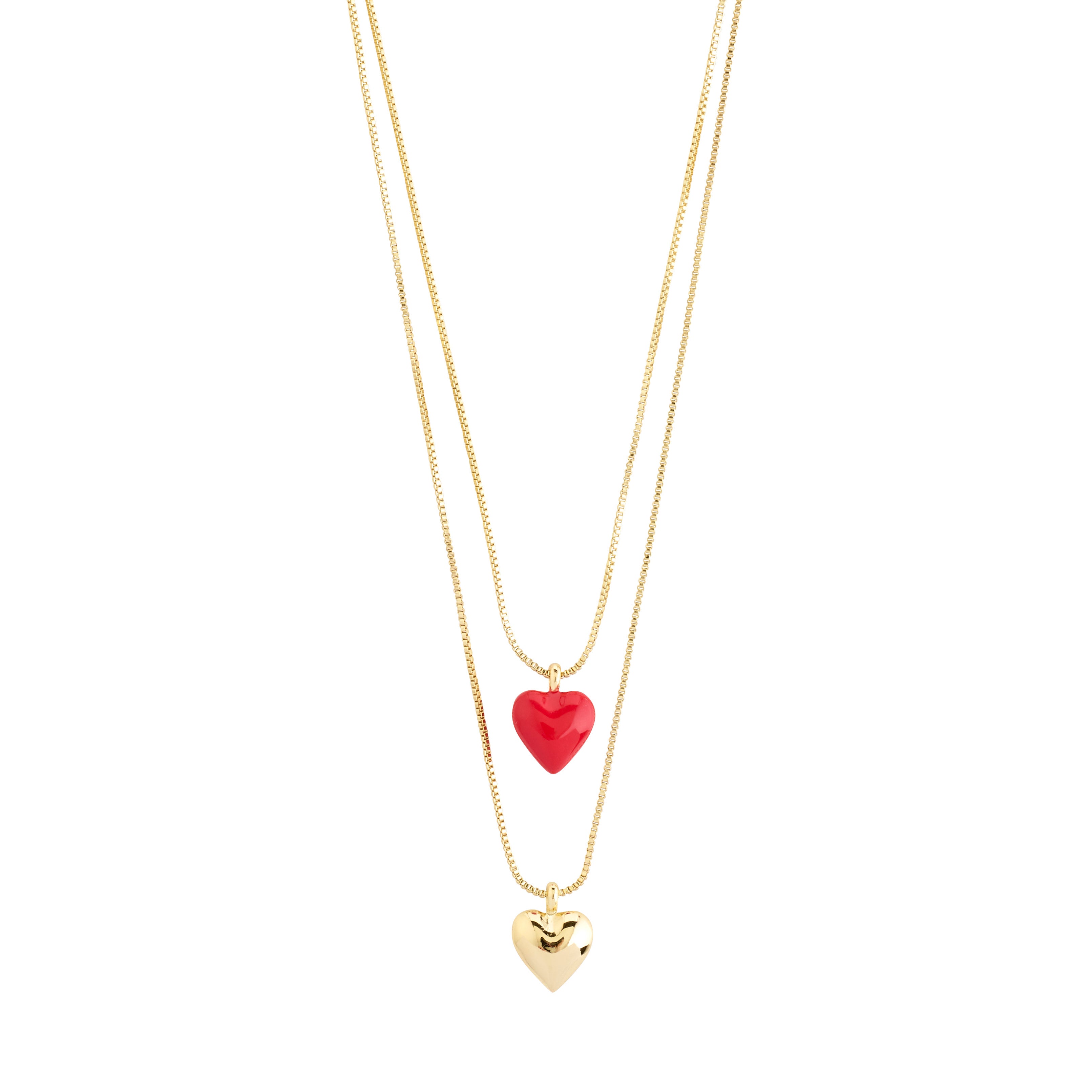 MAEVE necklace, 2-in-1 set: gold-plated chains with a red heart pendant and a puffy heart pendant, perfect for a chic, layered look.