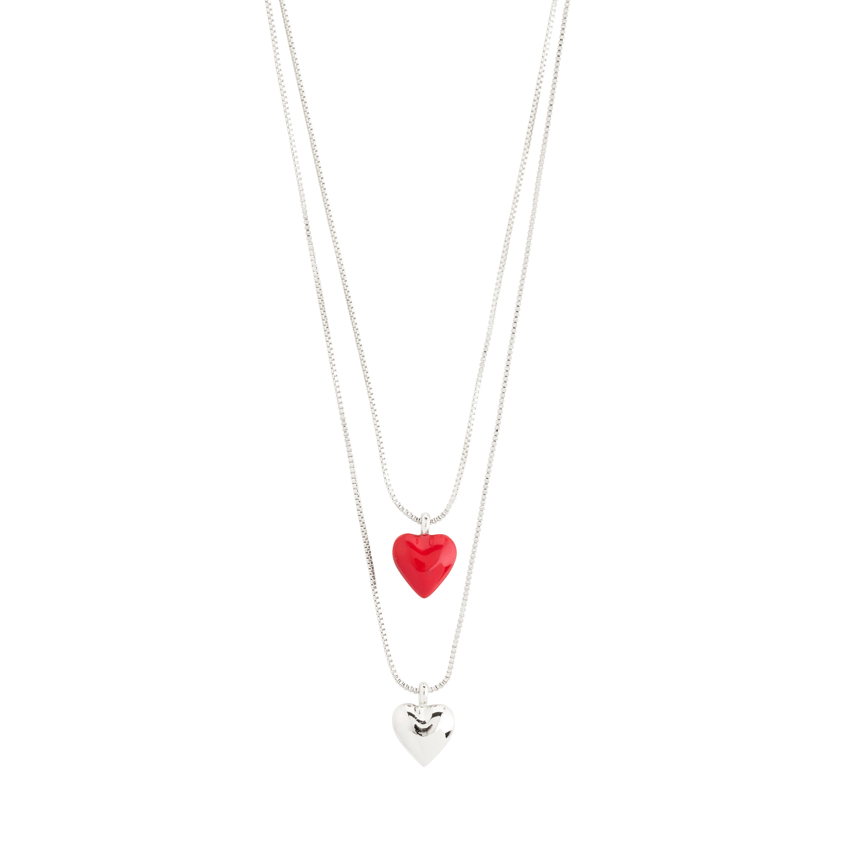 MAEVE necklace, 2-in-1 set, features a silver-plated puffy heart pendant and a red enamel heart pendant, perfect for a chic layered look.