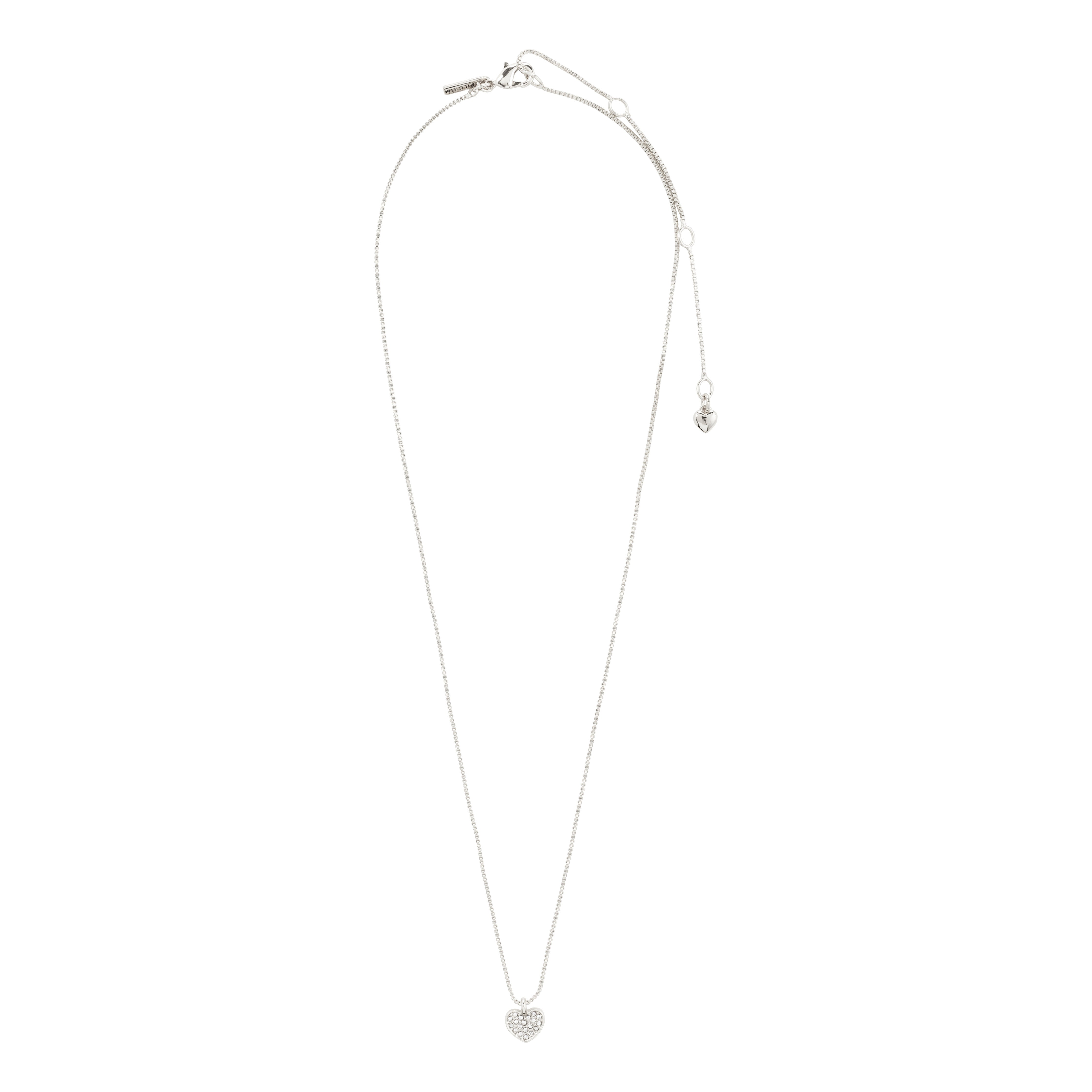 EMMETT necklace silver-plated with a small heart pendant encrusted with Preciosa crystals, designed for chic, minimalist, or layered looks, crafted from recycled materials.
