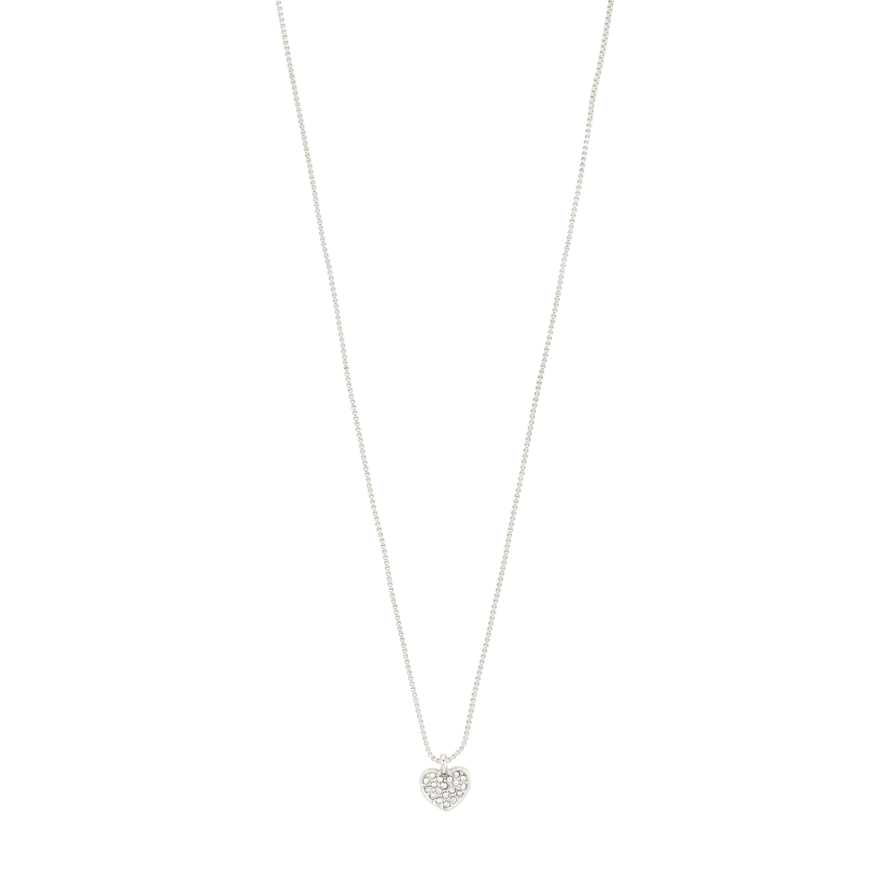 EMMETT necklace silver-plated with a heart pendant encrusted with Preciosa crystals, featuring a 40 cm chain and 9 cm extension, crafted from 97% recycled materials.