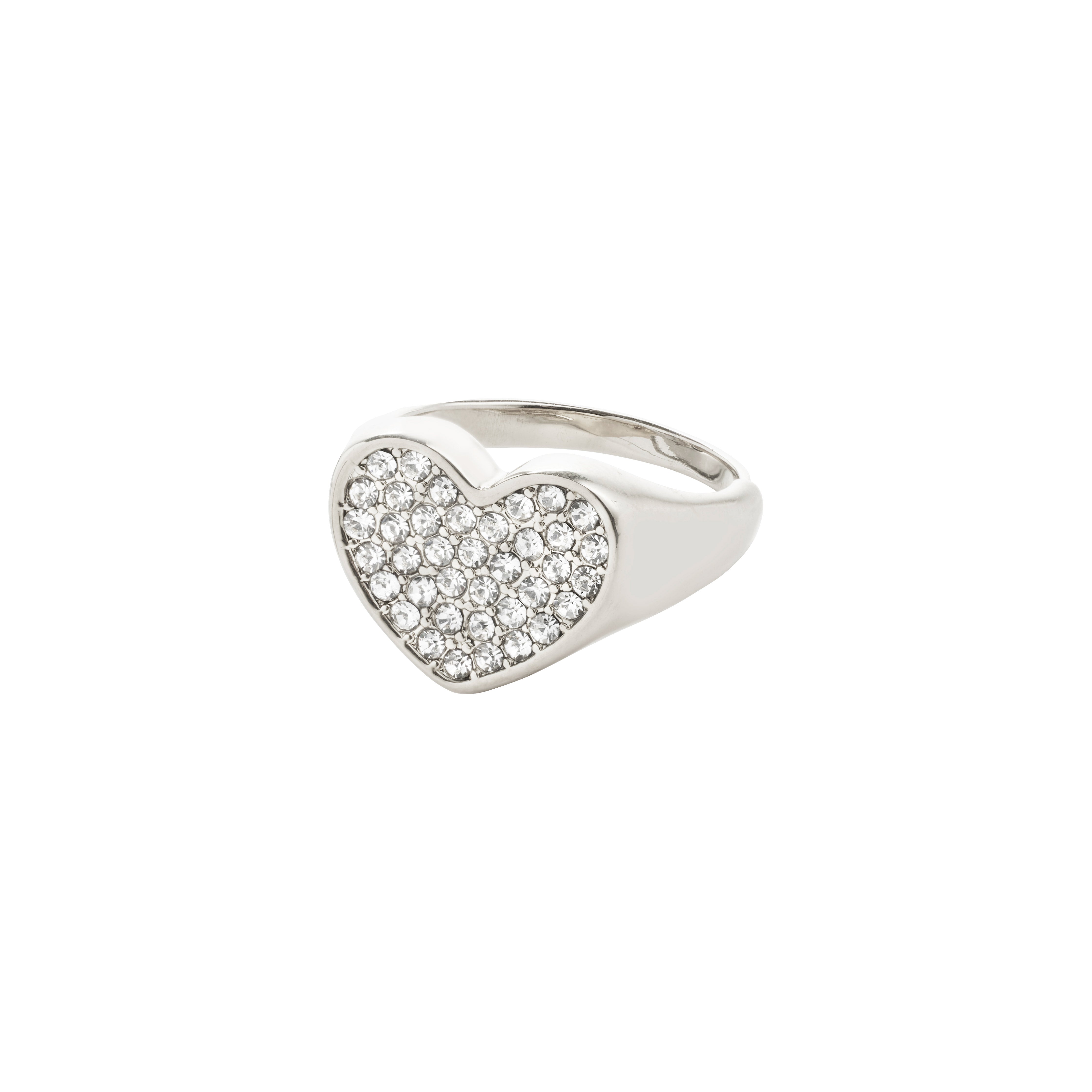 EMMETT ring silver-plated, featuring a large heart with dazzling Preciosa crystals, adjustable for a perfect fit, made from 98% recycled material.