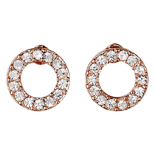 VICTORIA crystal halo earrings in rose gold-plated design, showcasing an open circle with sparkling crystal stones, blending timeless elegance with Scandinavian craftsmanship.