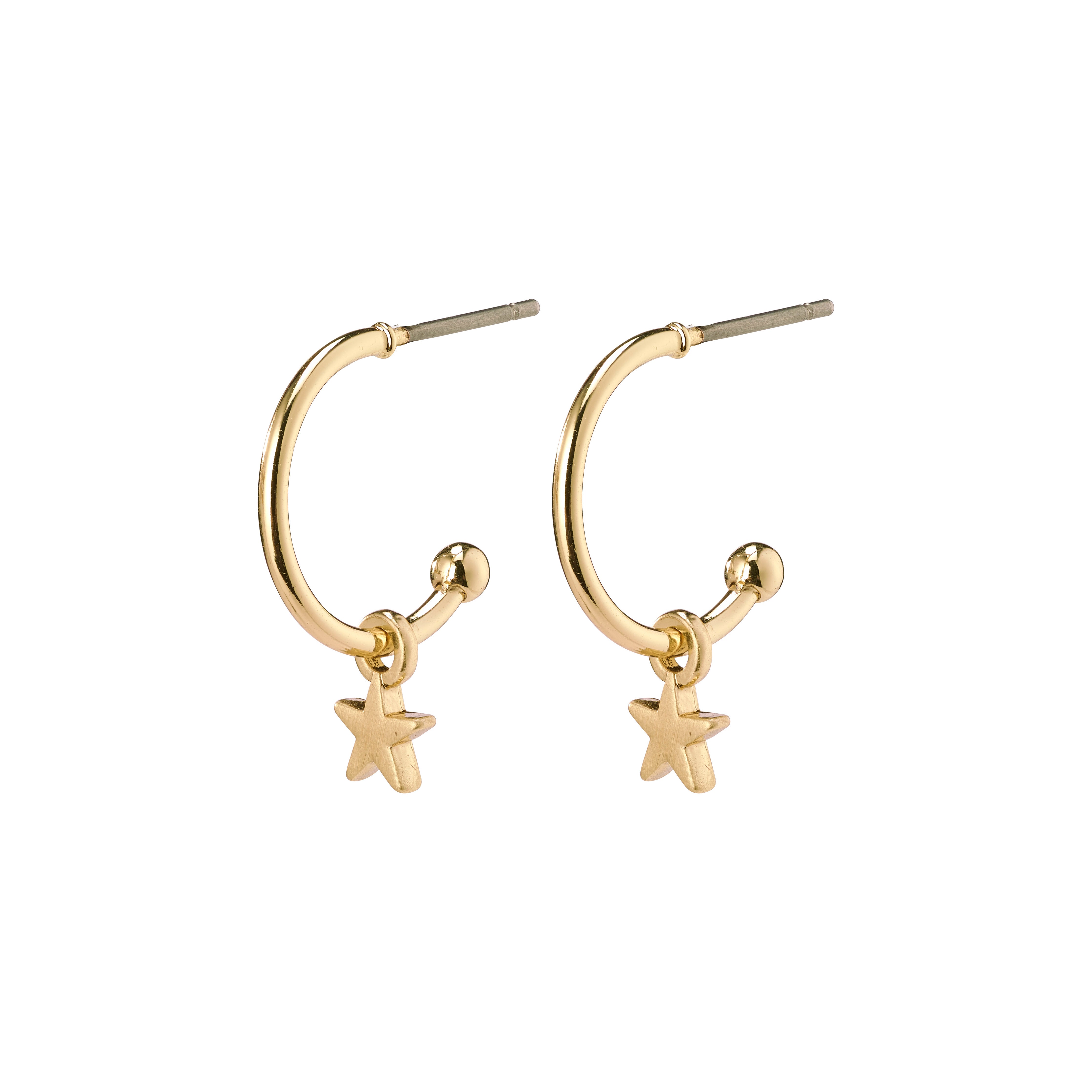 AVA star hoop earrings, gold-plated, featuring delicate star pendants. These semi-hoops offer a shiny, feminine touch, perfect for versatile styling.