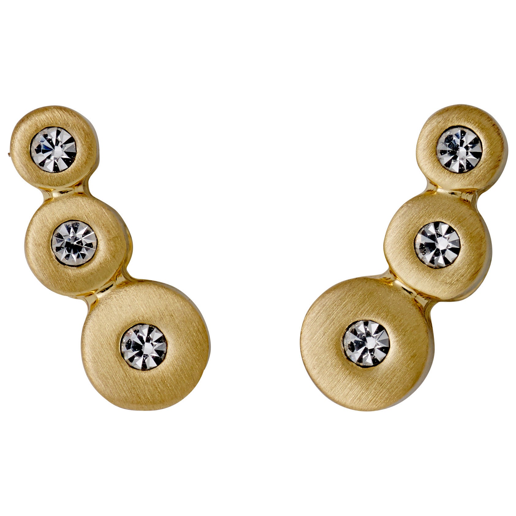 BELLA crystal earrings, gold-plated with a matte finish, feature three aligned dots each adorned with a sparkling crystal, reflecting Pilgrim's Scandinavian craftsmanship.