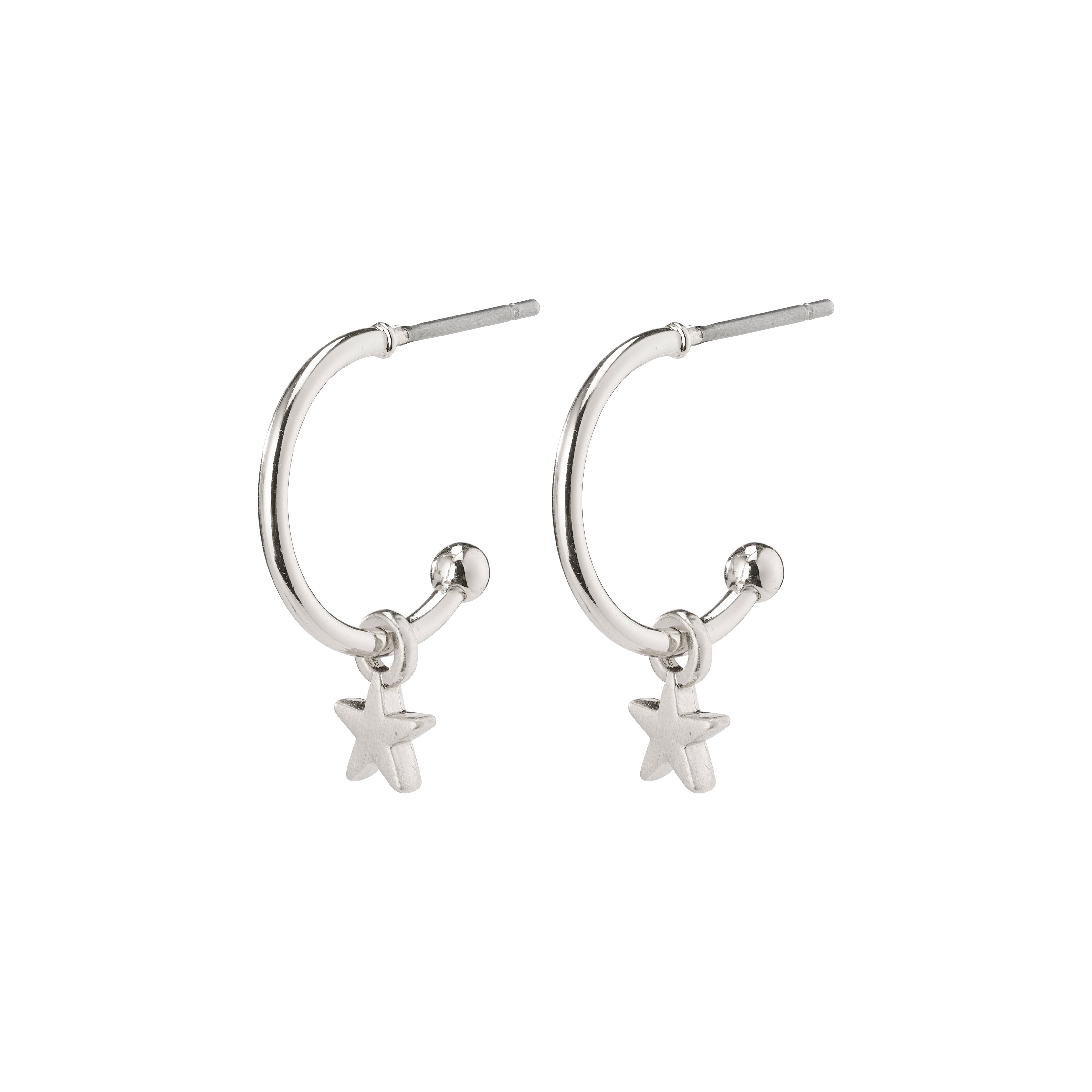 AVA star hoop earrings, silver-plated, featuring semi-hoops with delicate star pendants, exuding a sweet and feminine vibe, perfect for versatile styling.