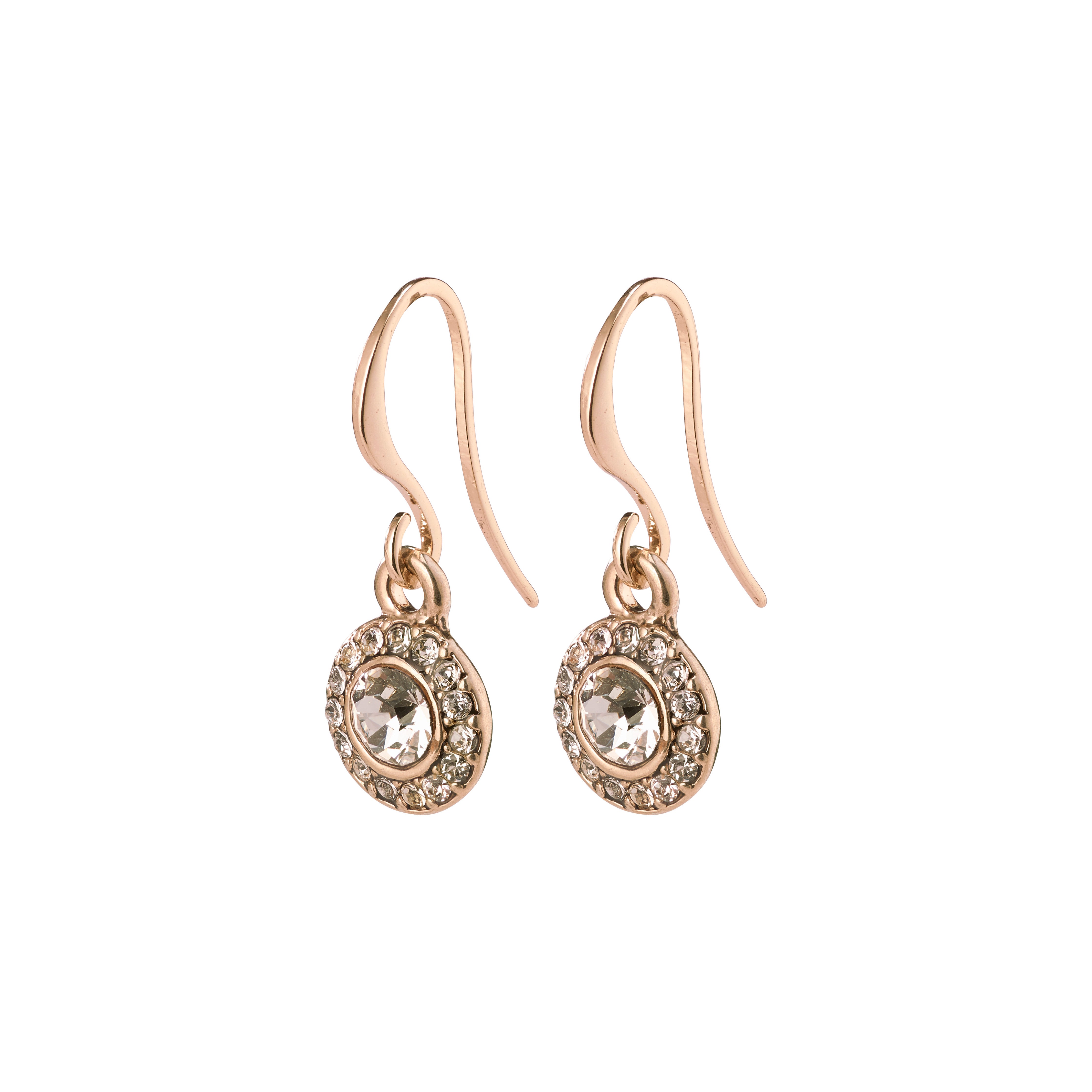 CLEMENTINE crystal earrings rosegold-plated, featuring a halo of diamonds and a pavé pendant, combining antique charm with modern elegance for a sophisticated look.