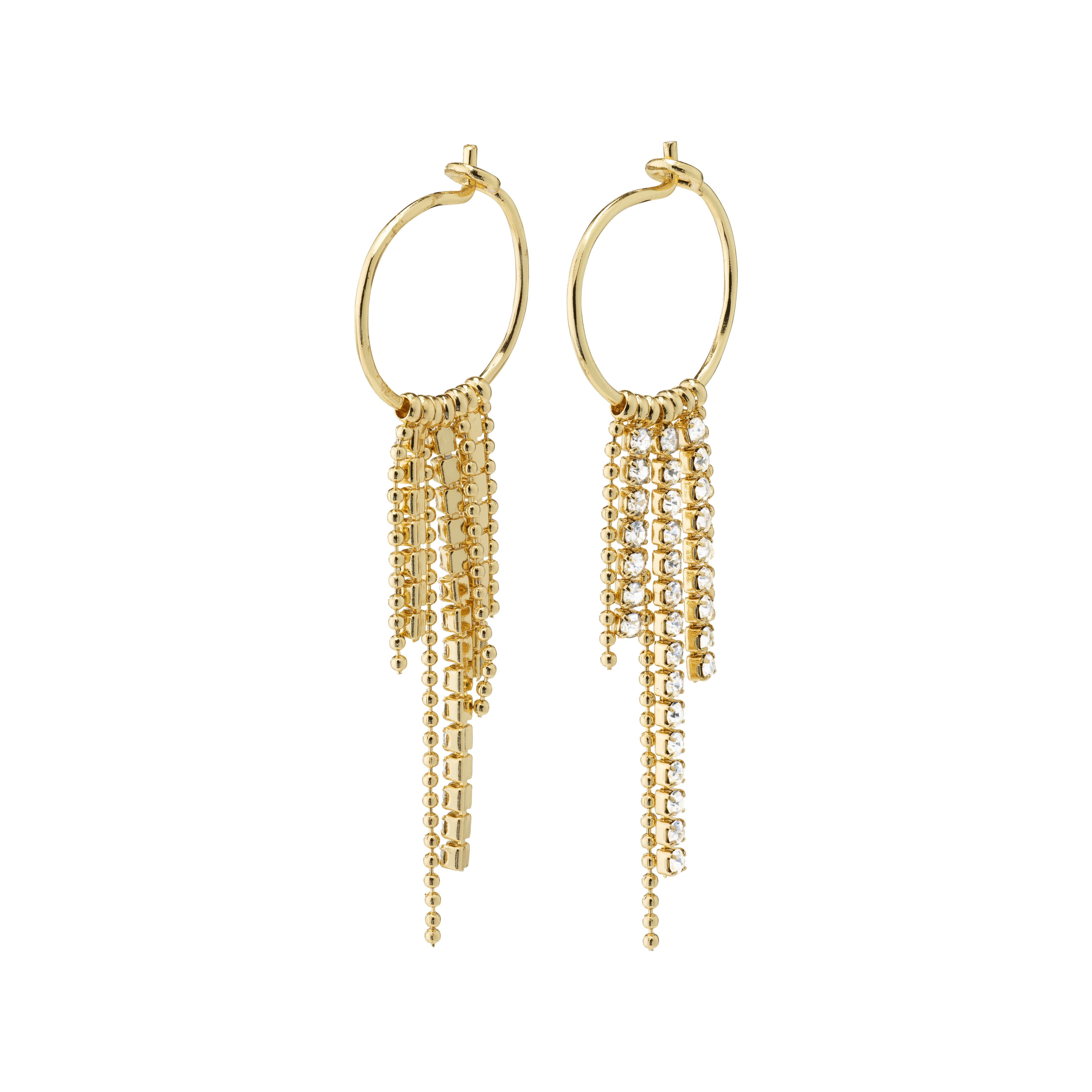 MAJA crystal waterfall hoop earrings, gold-plated, featuring asymmetrical pendants with Preciosa crystals and ball-chains, offering a stylish, lively edge for any outfit.