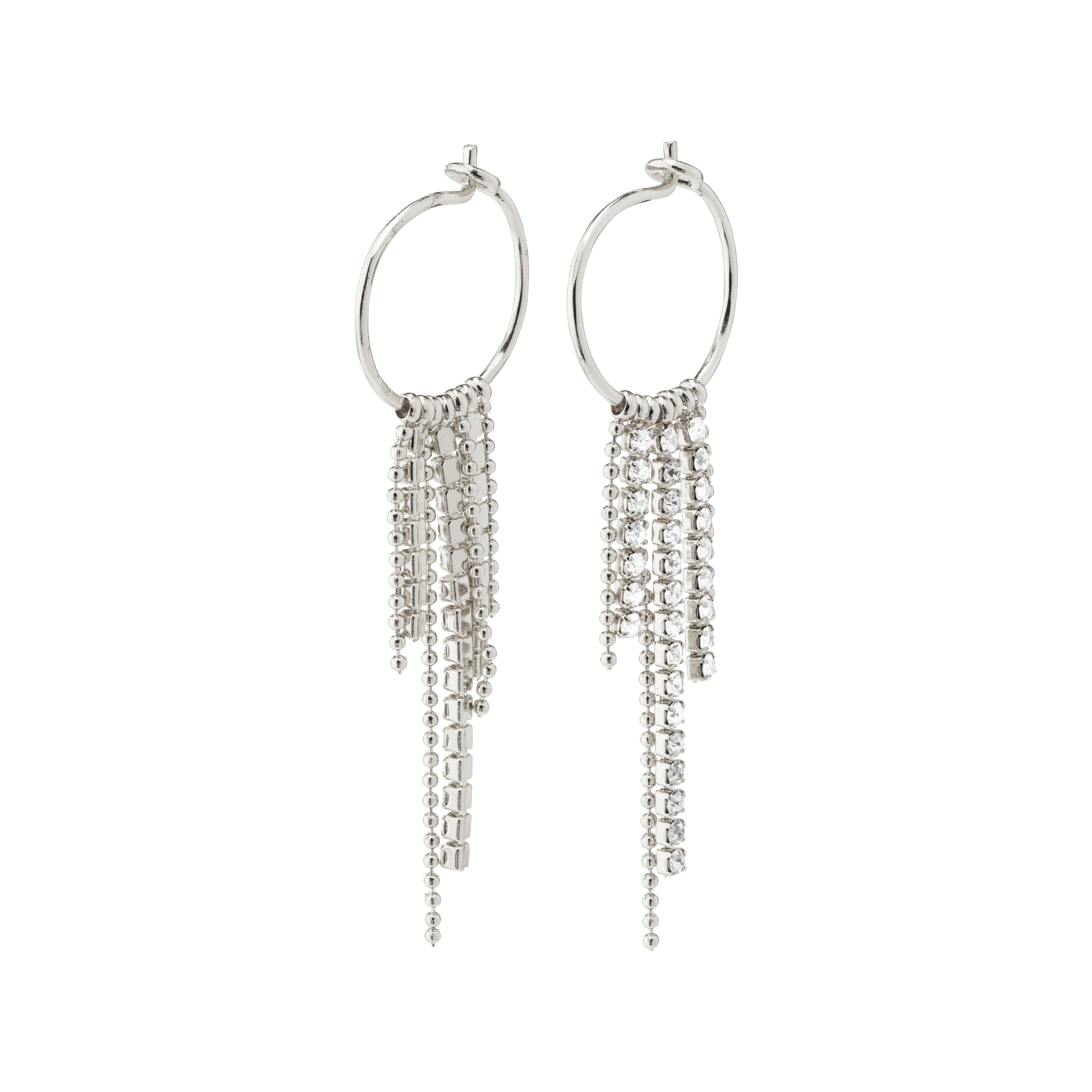 MAJA crystal waterfall hoop earrings, silver-plated, featuring fluttering pendants in varying shapes and lengths, perfect for adding shine to any outfit.