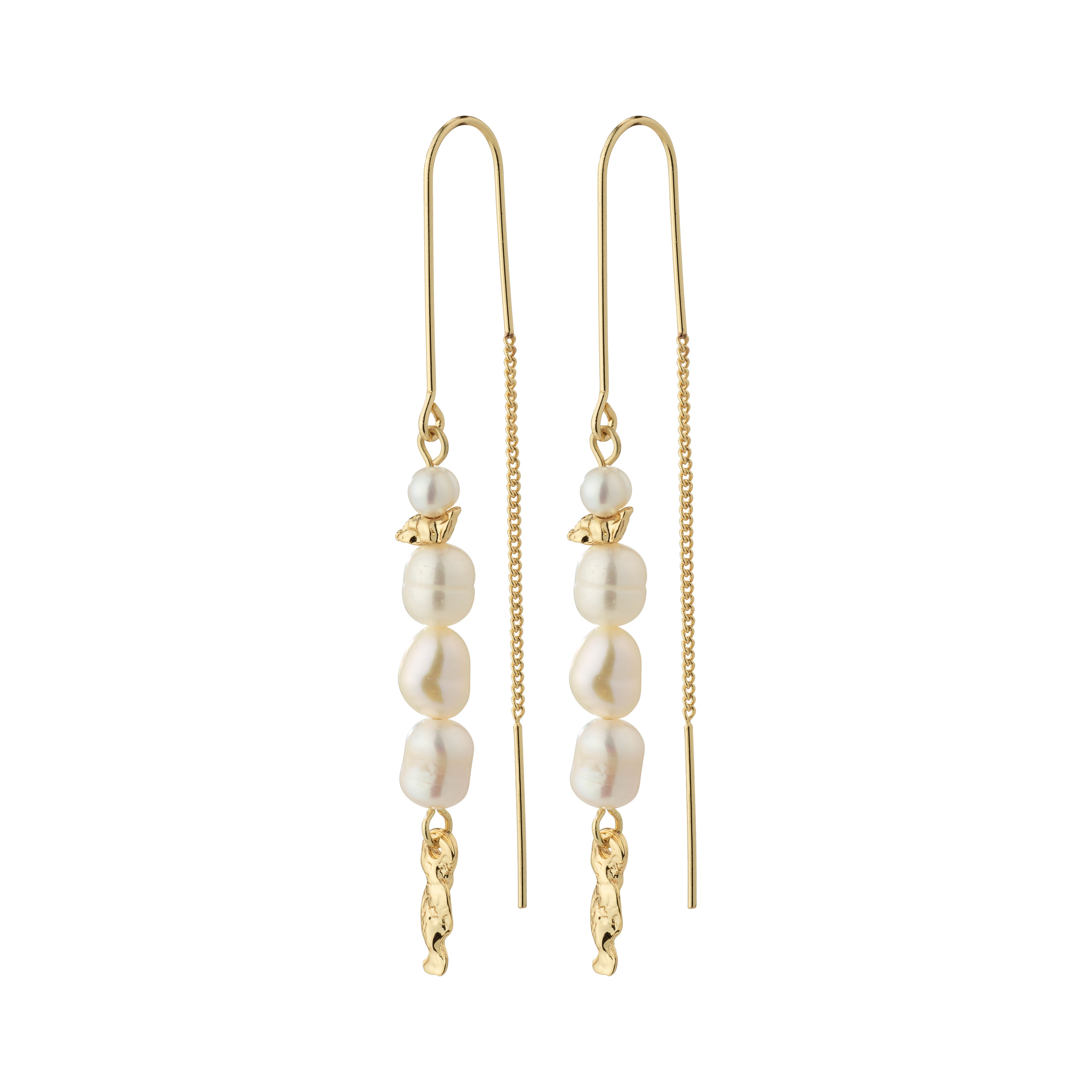 BERTHE pearl chain earrings, gold-plated, featuring organic shapes with white freshwater pearls, embodying Pilgrim's elegant, nature-inspired design.
