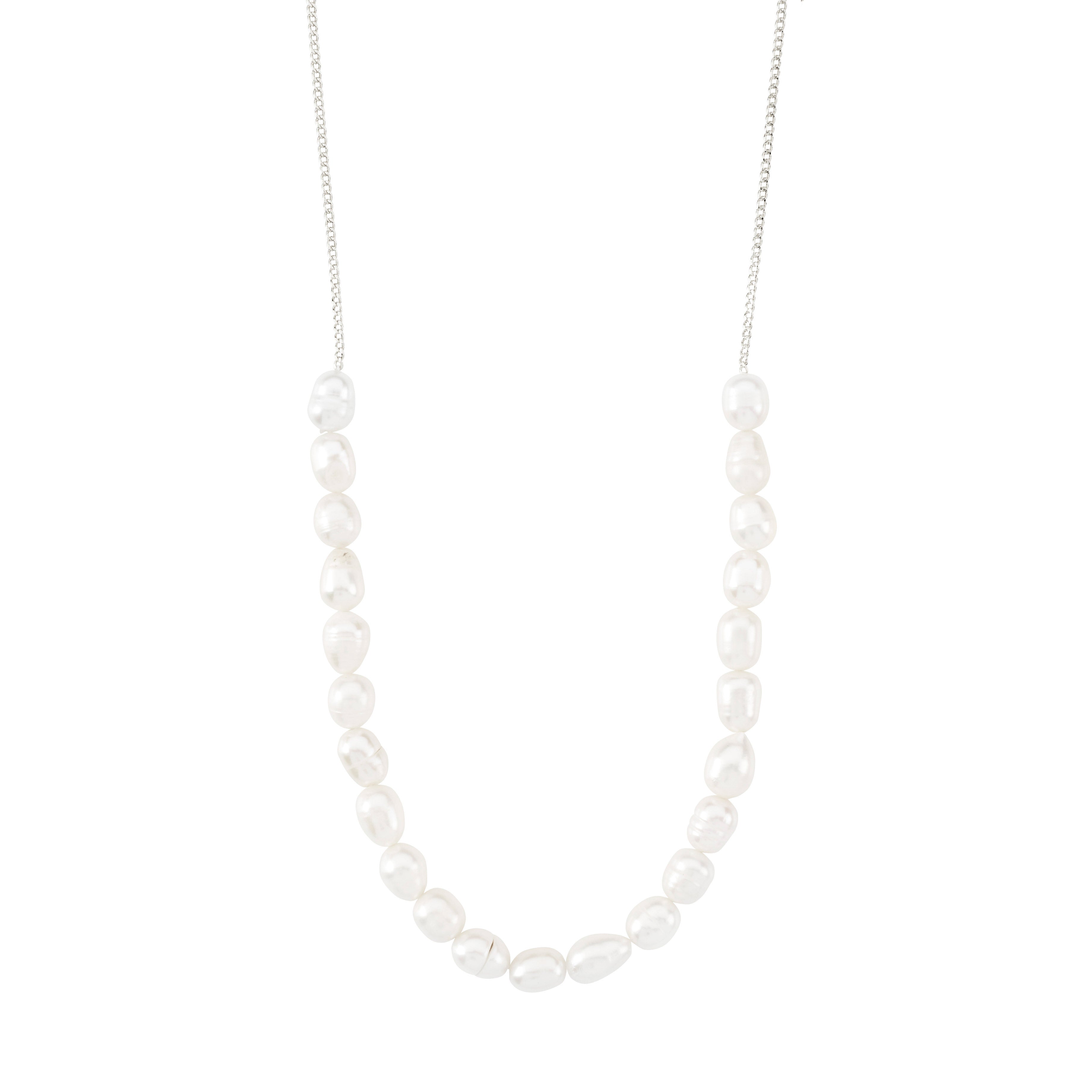 BERTHE pearl necklace silver-plated, featuring a delicate chain with unique freshwater pearls, offering elegant versatility for any wardrobe.