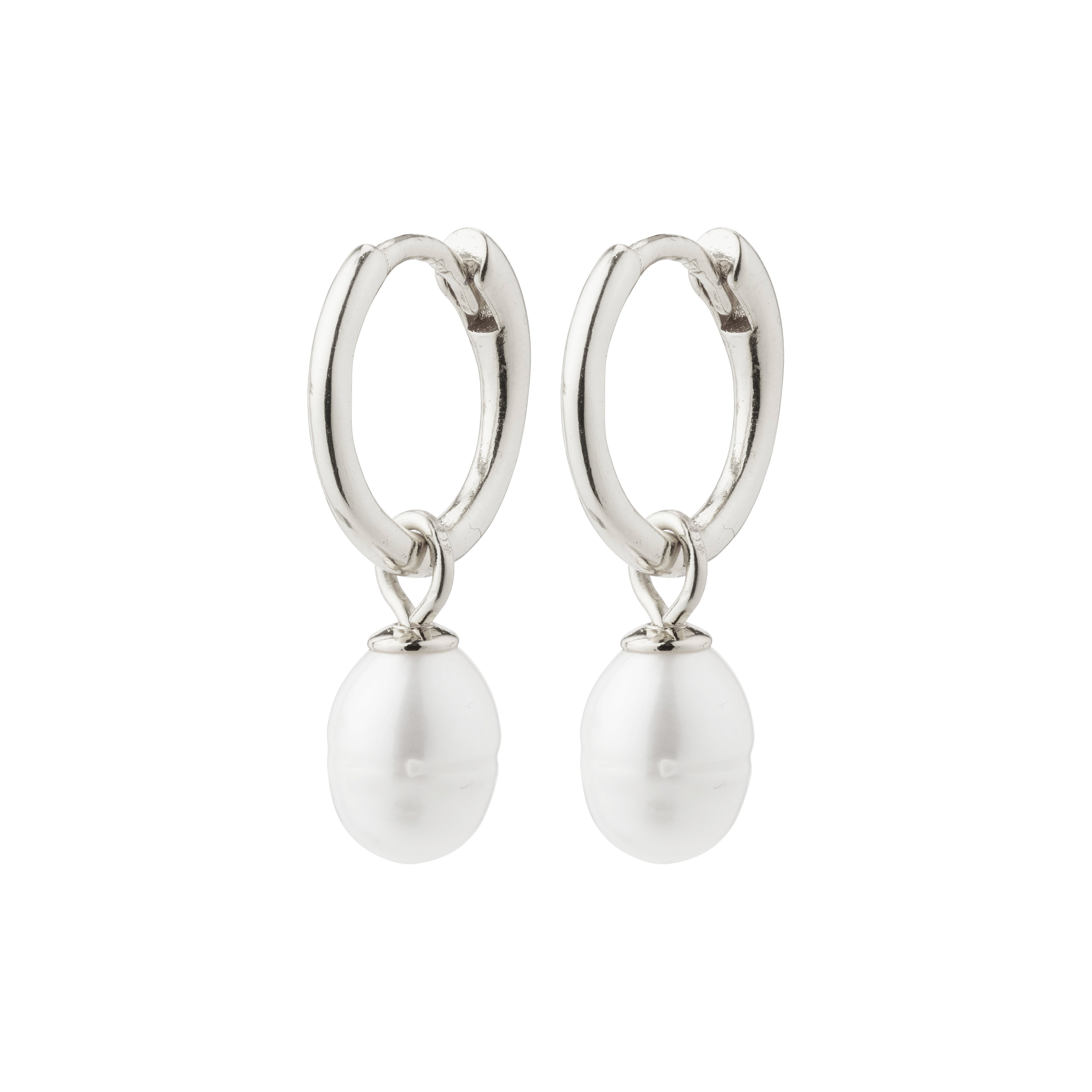 BERTHE pearl hoop earrings, silver-plated, featuring white freshwater pearl pendants, inspired by nature's elegance, embodying Pilgrim's Scandinavian jewelry craftsmanship.